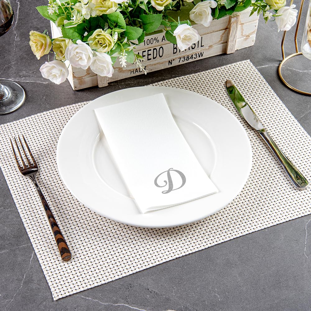 Luxenap 15.8 X 7.9 Inch Linen-Feel Guest Towels, 2000 Lettered Hand Towels - Silver Letter 'D', Cursive Font, White Paper Dinner