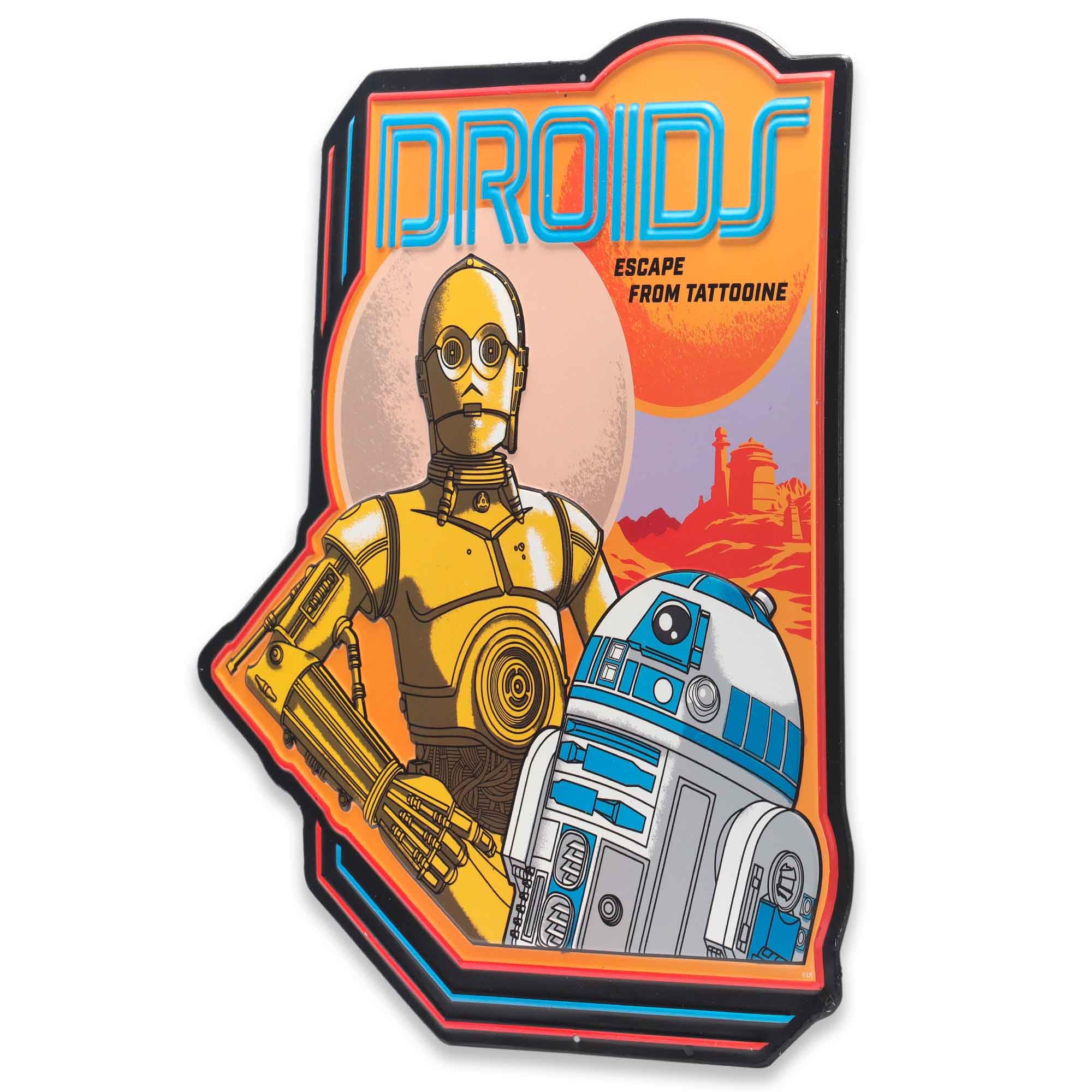 Disney Star Wars Droids Escape from Tattooine Embossed Metal Sign - Retro R2-D2 and C-3PO Wall Sign for Home