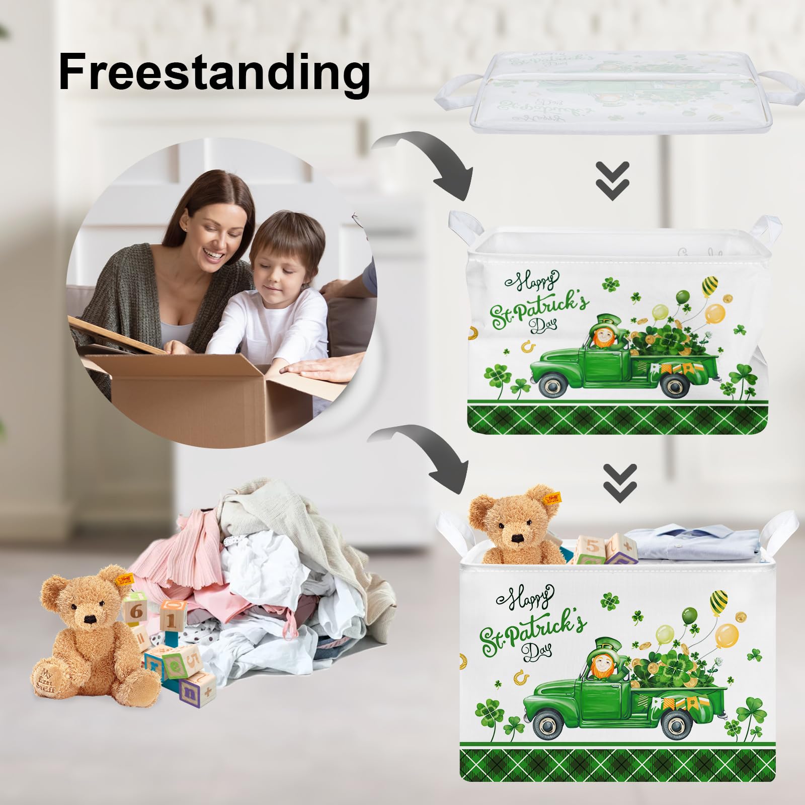 Clastyle St. Patrick'S Day Four-Leaf Clover Gift Basket Green Balloon Gnome Truck Kid Shelf Basket Rectangle Buffalo Plaid Cloth