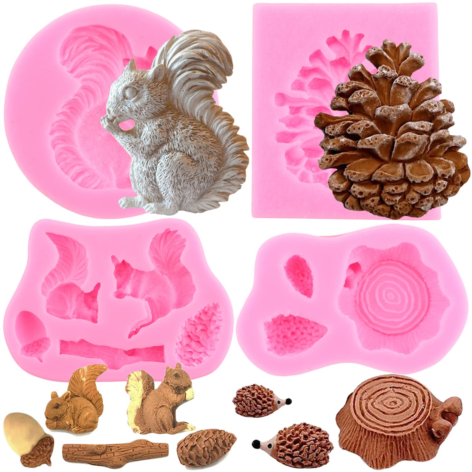 Zixiang Forest Animal Silicone Mold Squirrel Pine Cones Fondant Mold Hedgehog Stump Tree Trunk Candy Molds For Cake Decorating C