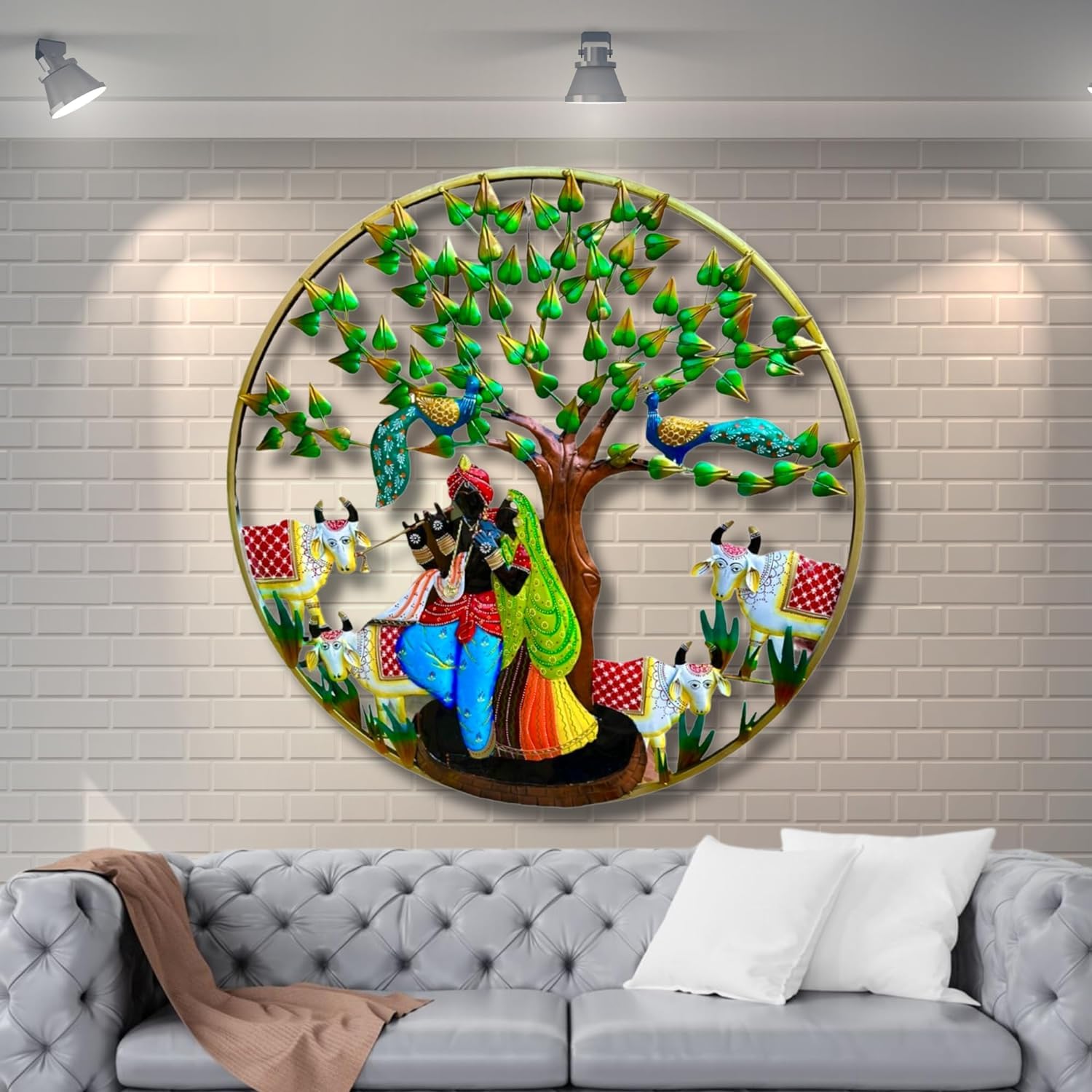 Rsn Vintage Metal Radha Krishna Cow With Led Light Wall Art Frame, Wall Hangings For Home Decoration, Wall Sculpture For Living 