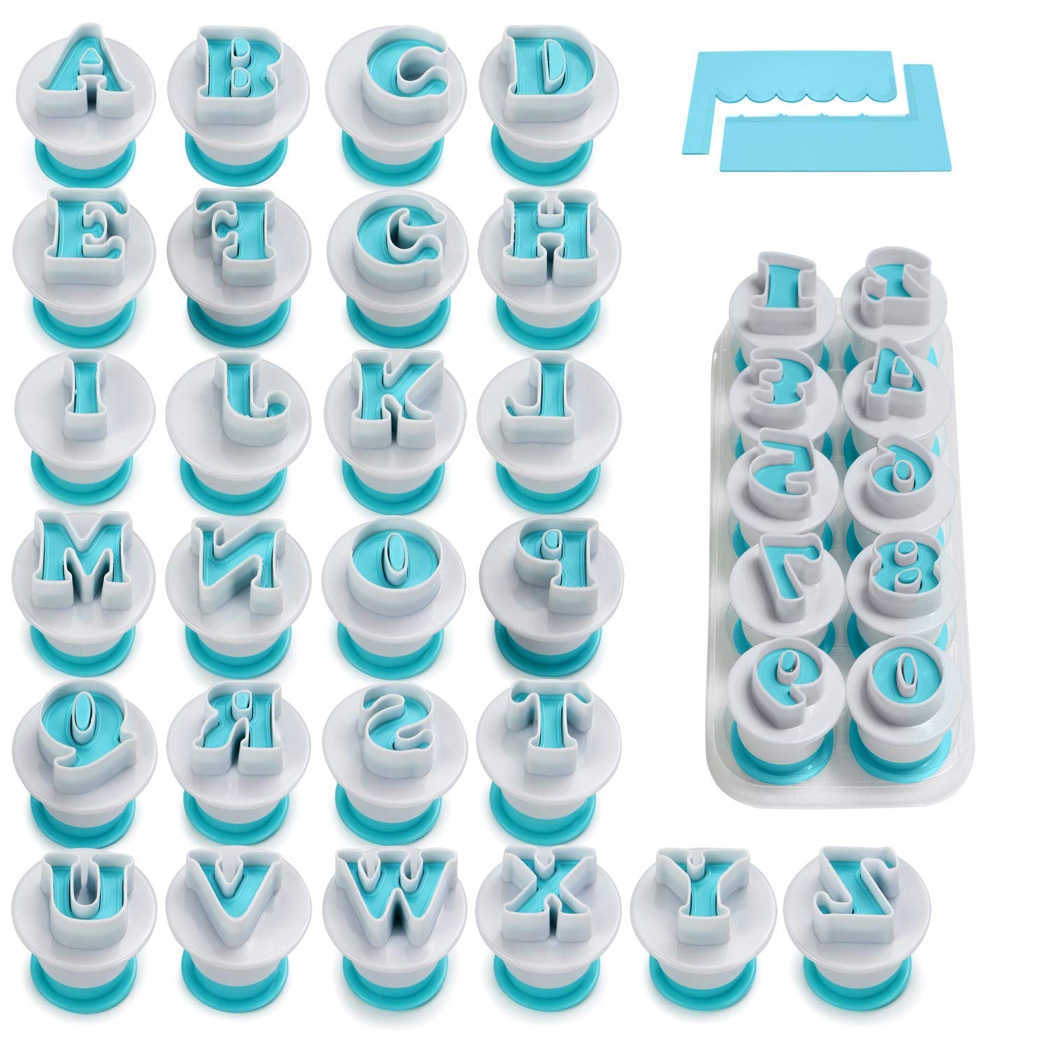 Fangsun 36 Pieces Alphabet & Numbers Fondant Cake Mold, Cookie Stamp Impress, Embosser Cutter, Upper Case Numbers Shape Diy Cook