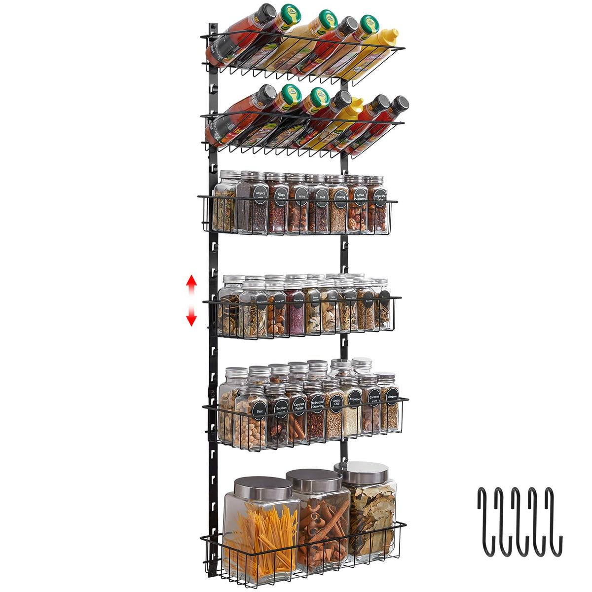 X-cosrack 6-Tier Wall Mounted Spice Rack Organizer Hanging Seasoning Holder Rack, Height-Adjustable Wire Spice Shelves for Kitch
