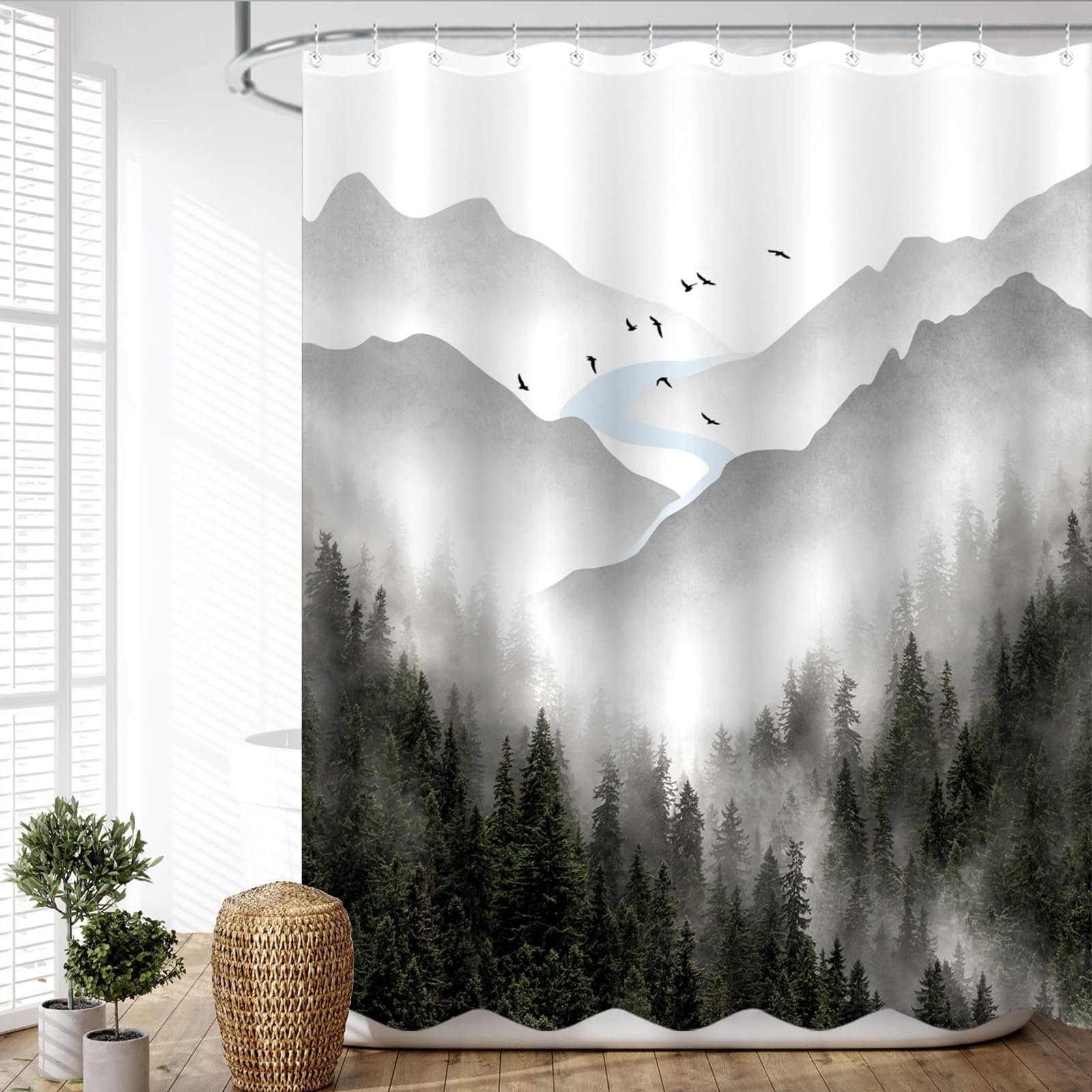 Zussun Long Gray Misty Forest Shower Curtain Grey Nature Foggy Tree Mountain Shower Curtains For Bathroom Waterproof Fabric Wood