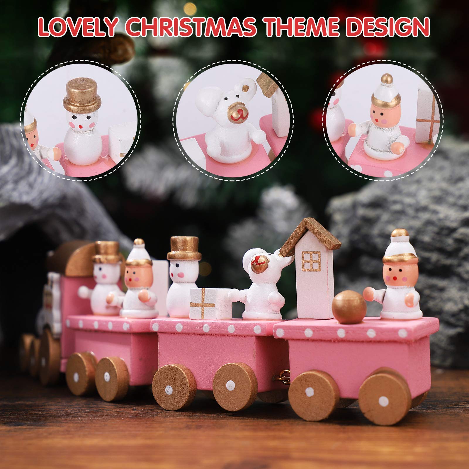NUOBESTY Winter Wonderland Wooden Mini Train Set for Christmas Party Decorations Under Tree Pink