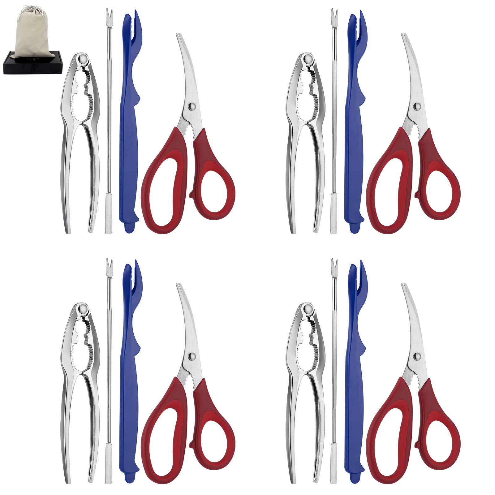 Seafood Tools Set Includes 4 Crab Crackers 4 Seafood Fork 4 Lobster Crackers 4 Seafood Scissors -Nut Cracker And Storage Bag(17