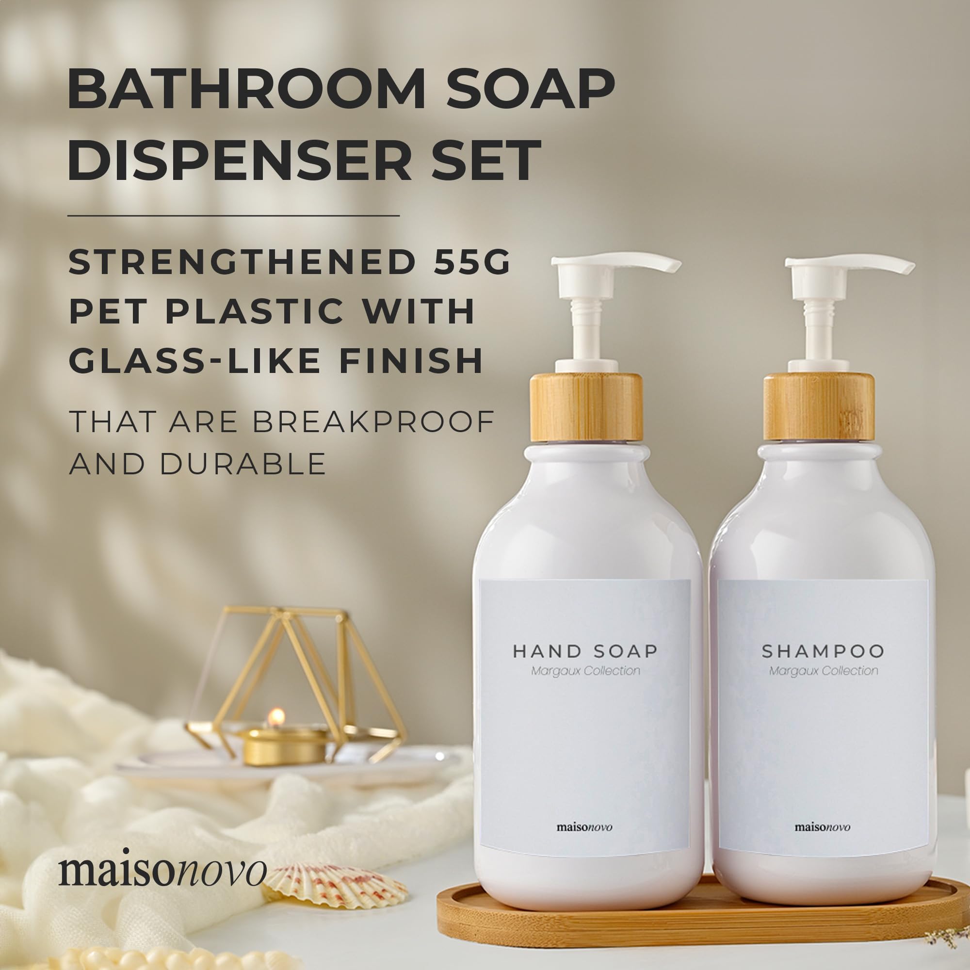 Maisonovo Kitchen Soap Dispenser Set - Plastic Soap Dispenser With Pump - White Bamboo White Pump 16.9 Fl Oz - Bathroom Soap Dis