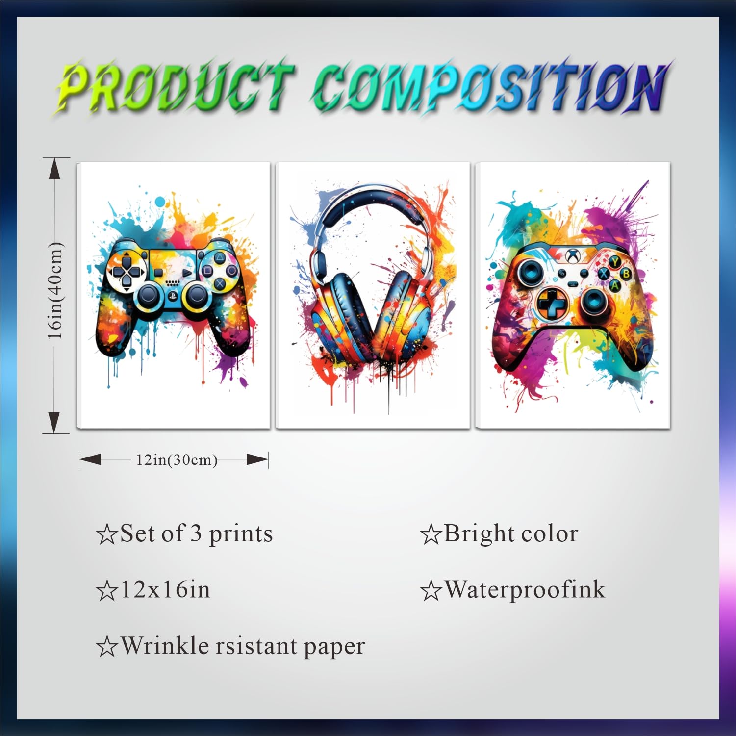 Gaming Room Decor Wall Art Set Of 3, Video Gaming Gamepad Graffiti Canvas Posters Wall Decor, Games Gamer Painting Prints For Te