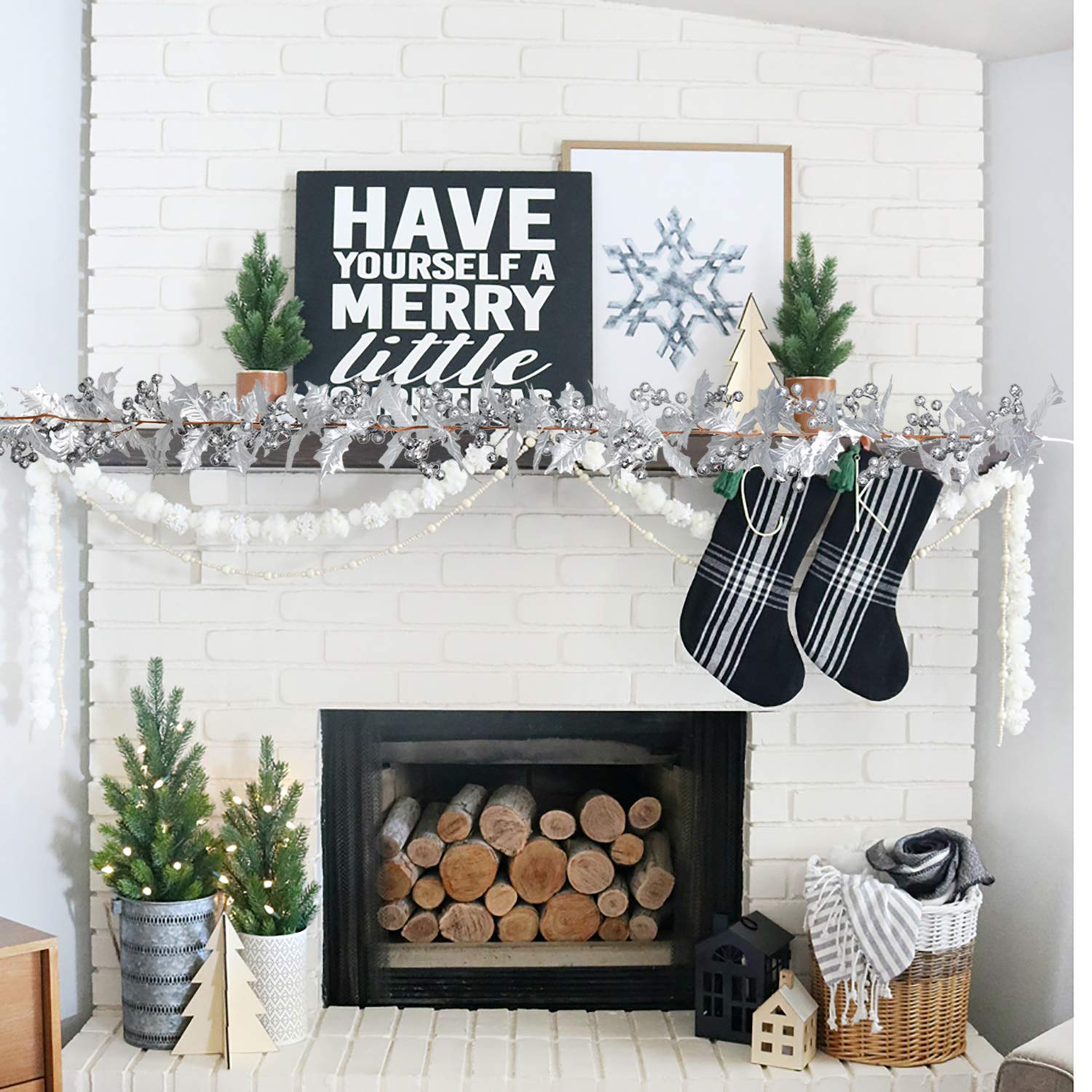 Lvydec Artificial Berry Garland Christmas Decoration - 6ft Silver Garland with Glitter Berries and Holly Leaves for Holiday Fire