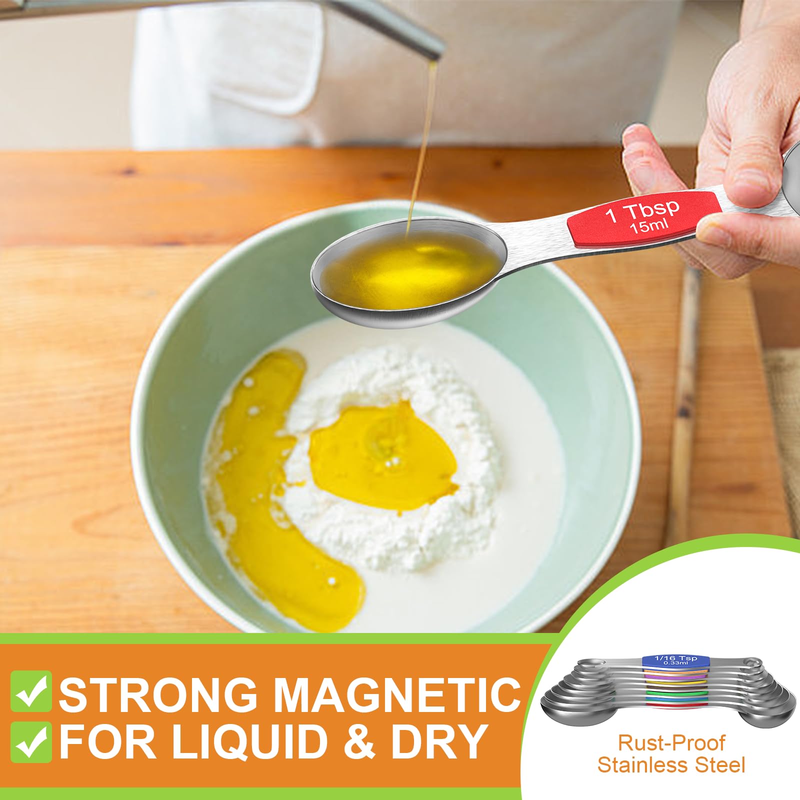 Wildone 14 Piece Stainless Steel Measuring Spoons Set, Including 8 Double Sided Magnetic, 1 Leveler And 5 Mini, For Dry And Liqu