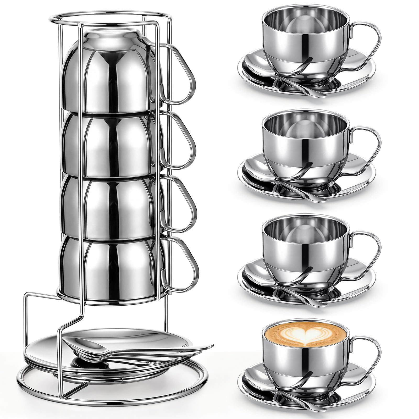 Singhoow 4 Pack Stainless Steel Coffee Cup Set 6 oz Espresso Cups Coffee Mugs with Spoons, Saucers and Metal Stand for Drinks, L