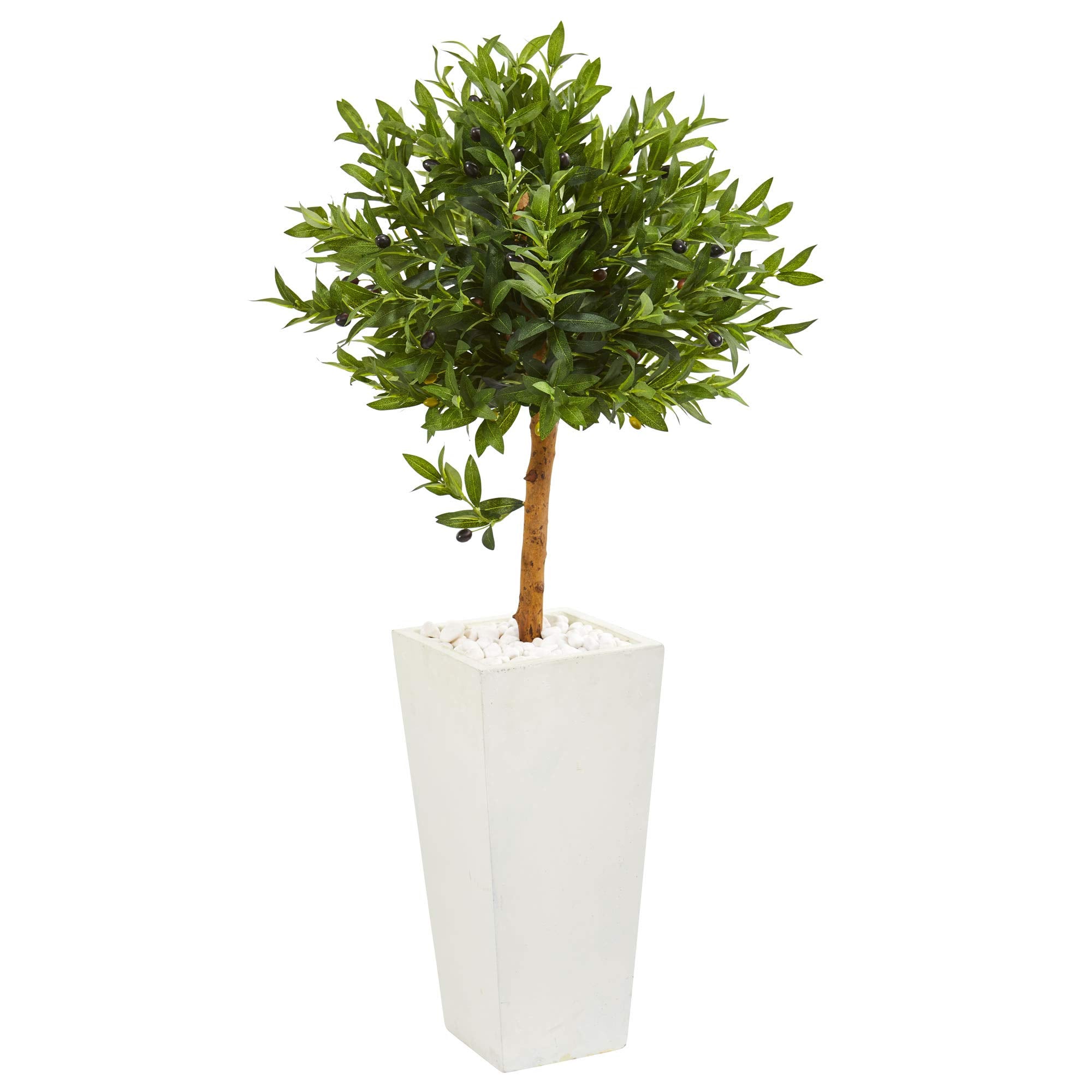 Nearly Natural 4ft. Olive Topiary Artificial White Planter UV Resistant (Indoor/Outdoor) Silk Trees, Green