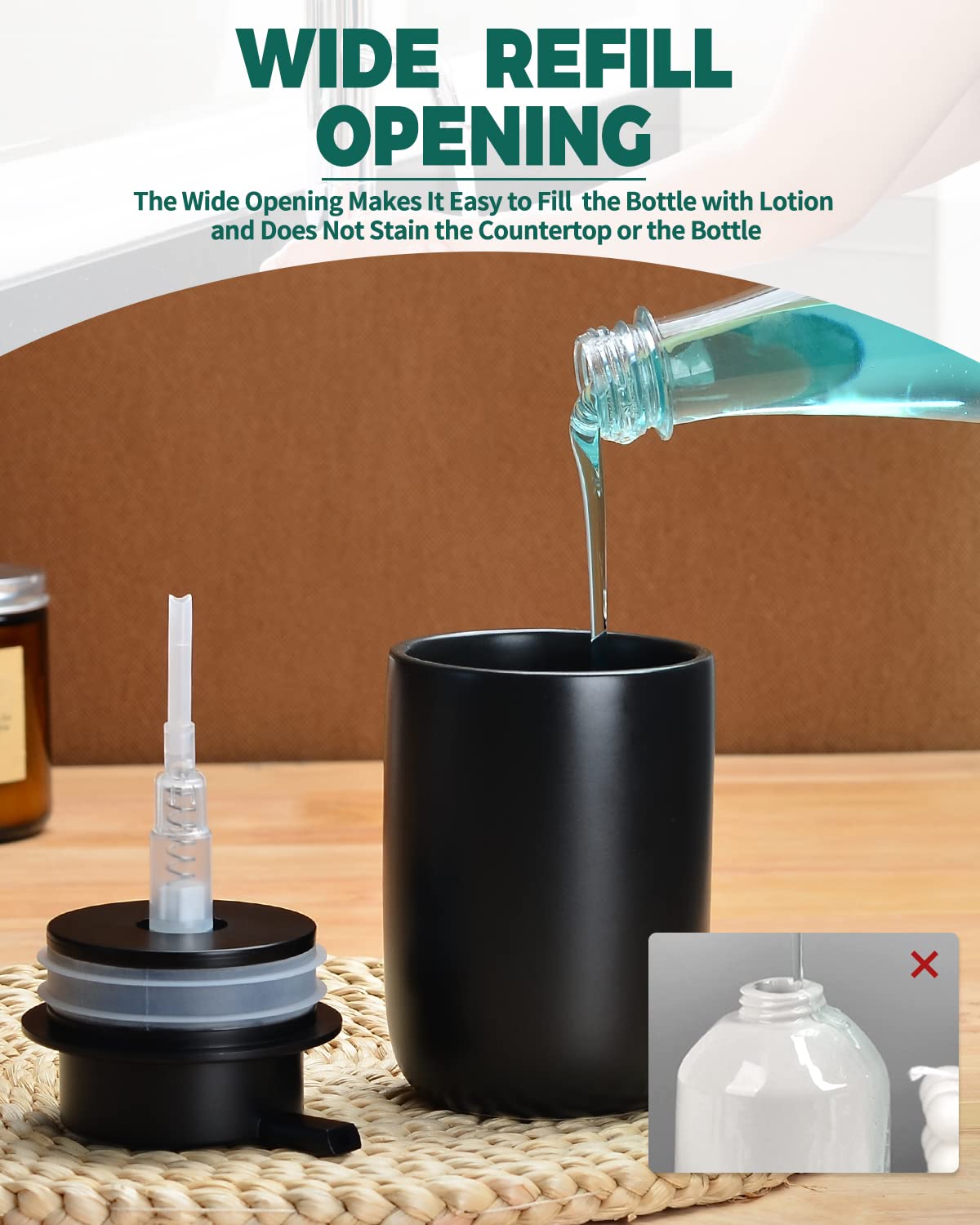 Bosilunlife Lotion Pump Dispenser - Matte Black Soap Dispenser Bathroom Ceramic Dish Liquid Soap Dispenser For Kitchen, Bathroom