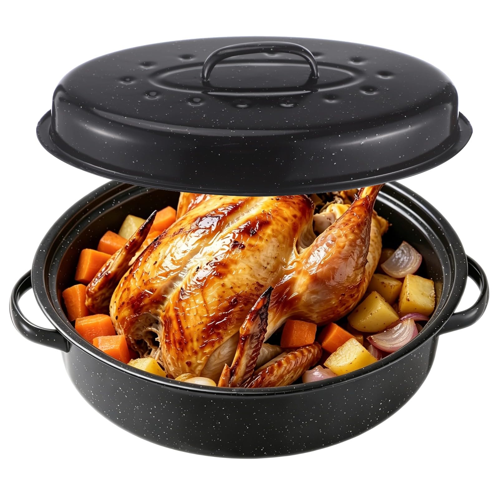 Granite Roasting Pan with Lid, 16.1x10.5 Enamel Oval Turkey Roaster, Covered Baking Pan with Handles, Medium Cookware for Turke