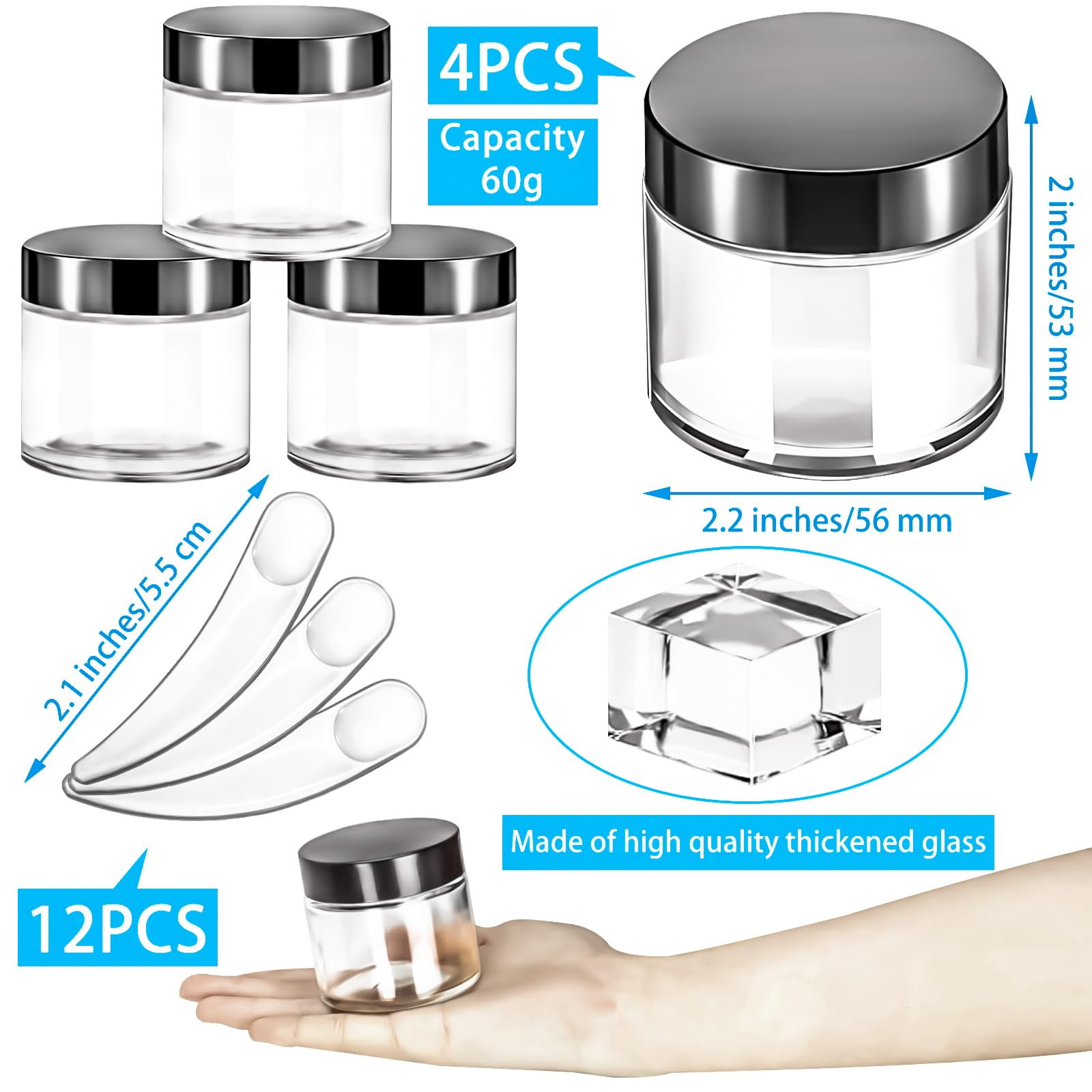 Motbach 4 Pack 2 Oz Glass Jars With Lids 60Ml Mini Round Clear Glass Jars With Inner Liners And Spatulas, Travel Size Containers