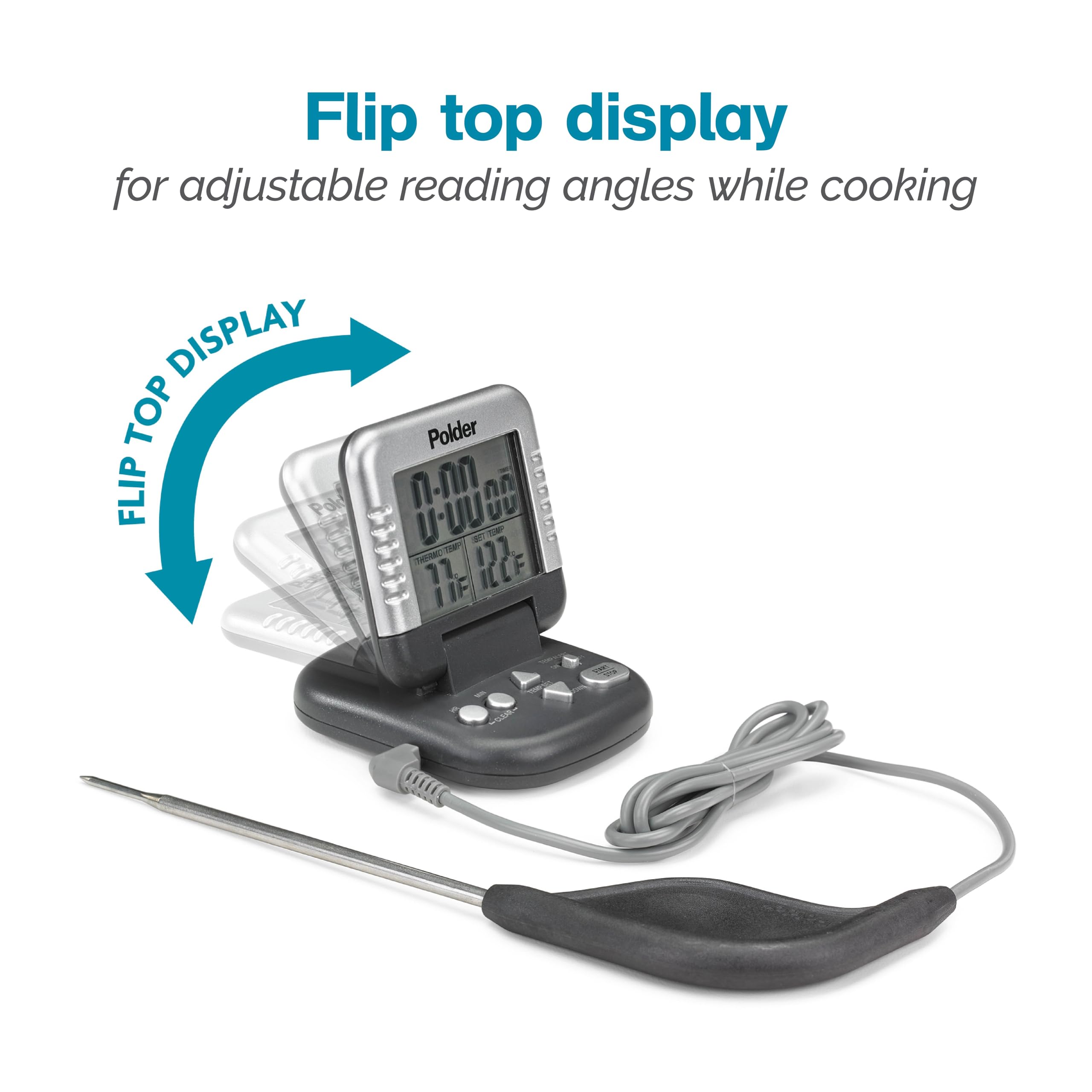 Polder Classic Digital Thermometer and Timer, Stainless Steel Probe, 24-Hour Countdown, Graphite, Model THM-362-86