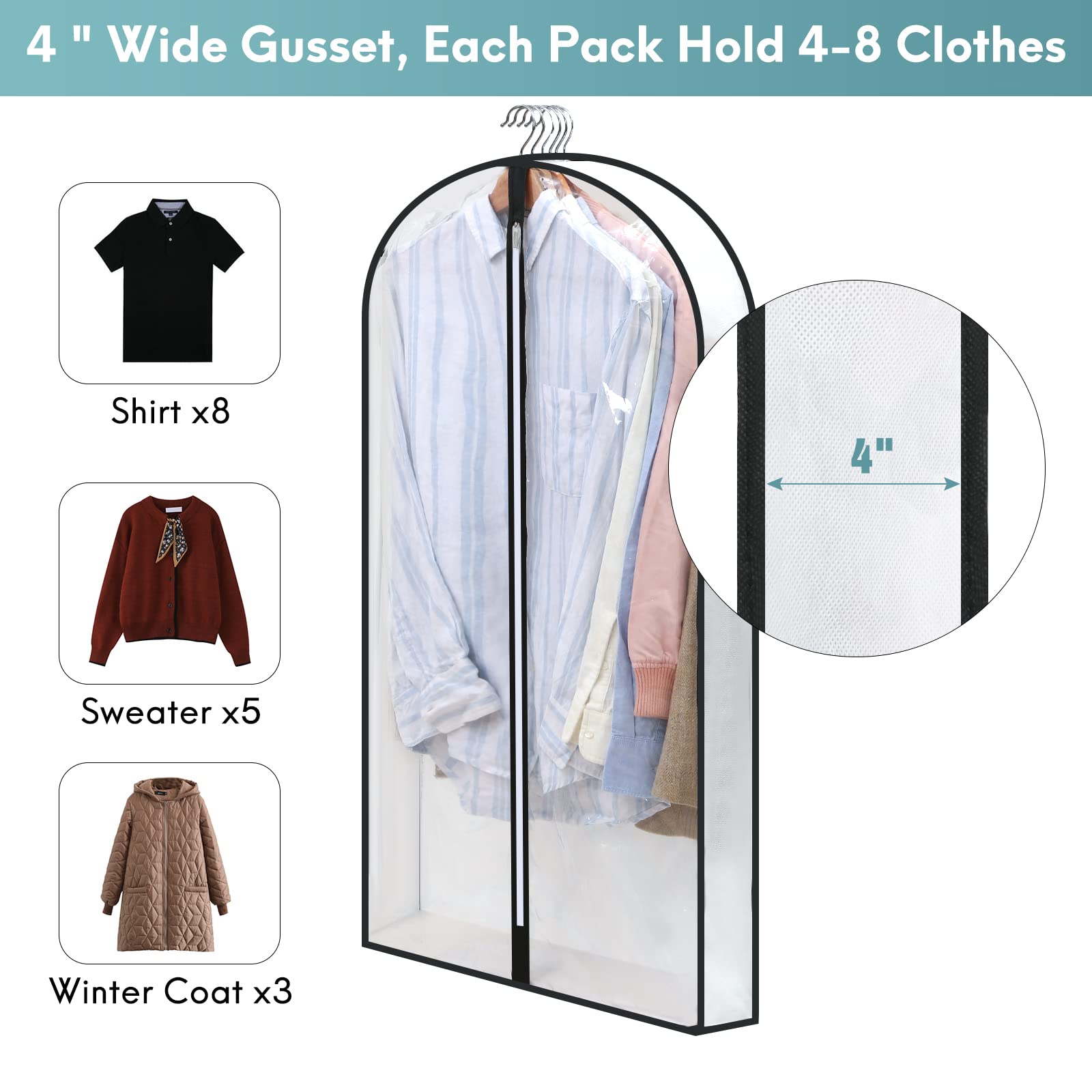 Clear Garment Bags for Hanging Clothes W/ 4'' Gussetes  4 PCs Garment Bags  Hanging Clothes Storage  Suit Bags for Closet Storage and Travel - 24'' x 40''/4 Pack