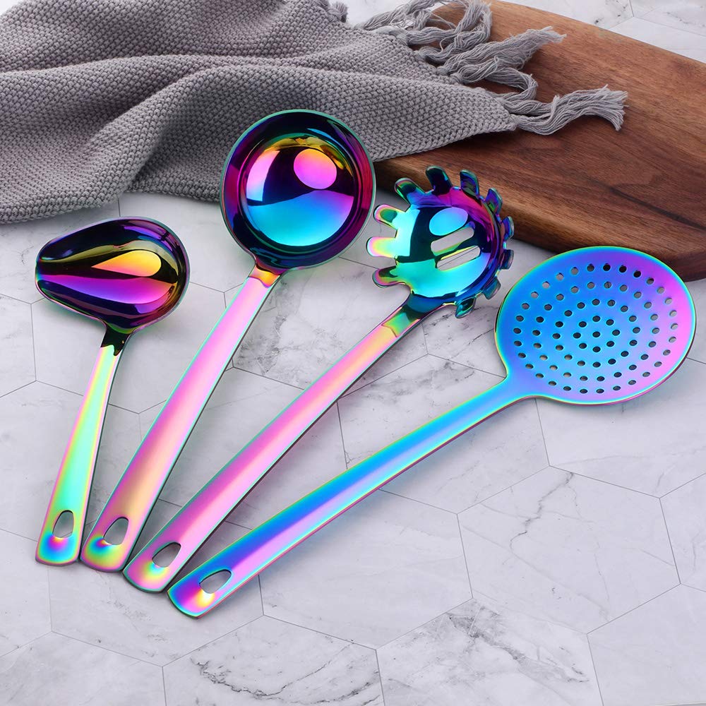 Qiboorun Stainless Steel Kitchen Utensil Set -8 Cooking Utensils, Colorful Titanium Plated Set Kitchen Tools Gadgets Cake Shovel