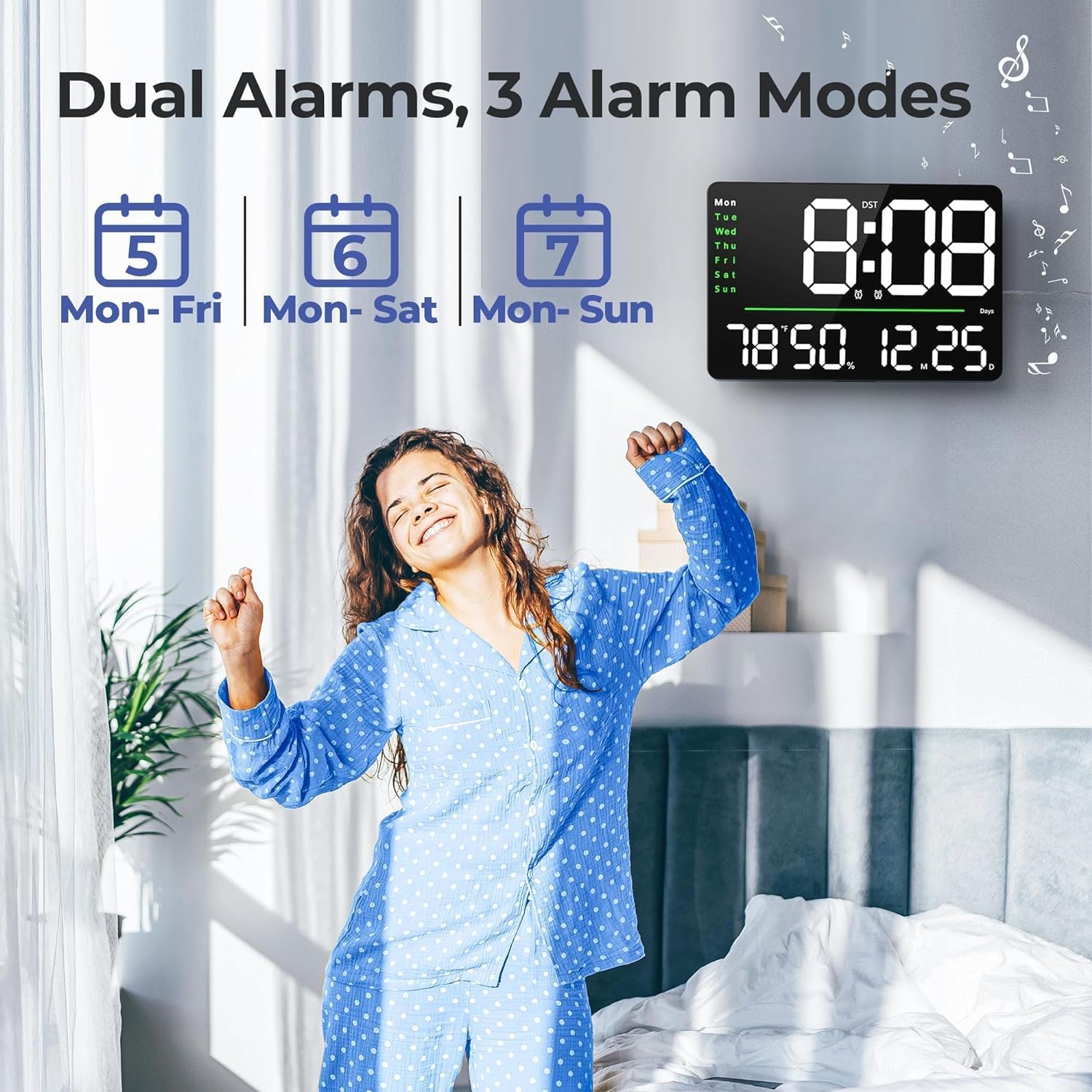 Aerys 16-Inch Digital Wall Clock, Large Led Display With Remote Control, Auto/Custom Dimmer, Temp & Humidity, Dual Alarms, For L