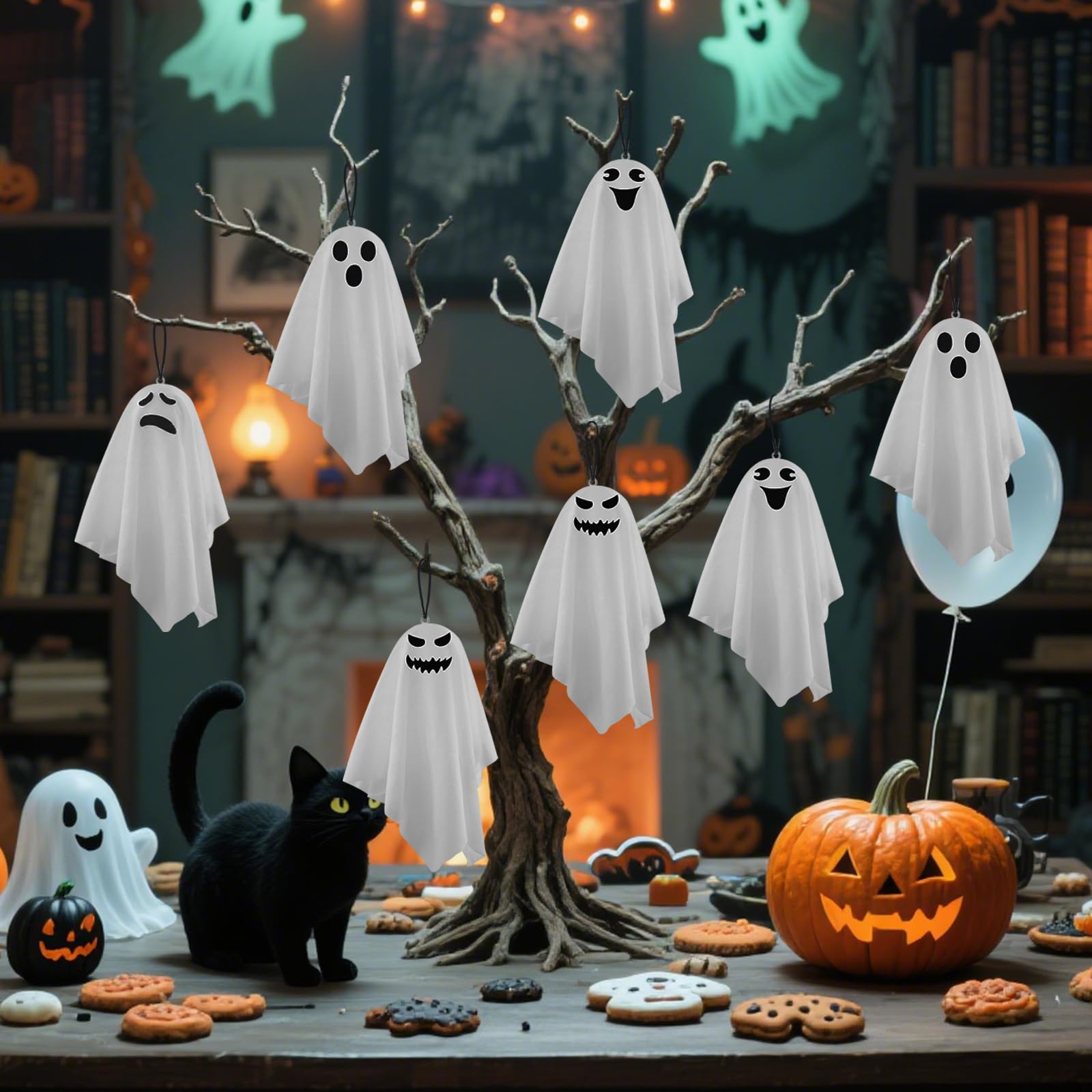 X-Kingsun 16 Pack Halloween Small Ghost Ornaments for Tree 8.27Inch White Ghosts Hanging for Front Yard Porch Patio Lawn Garden