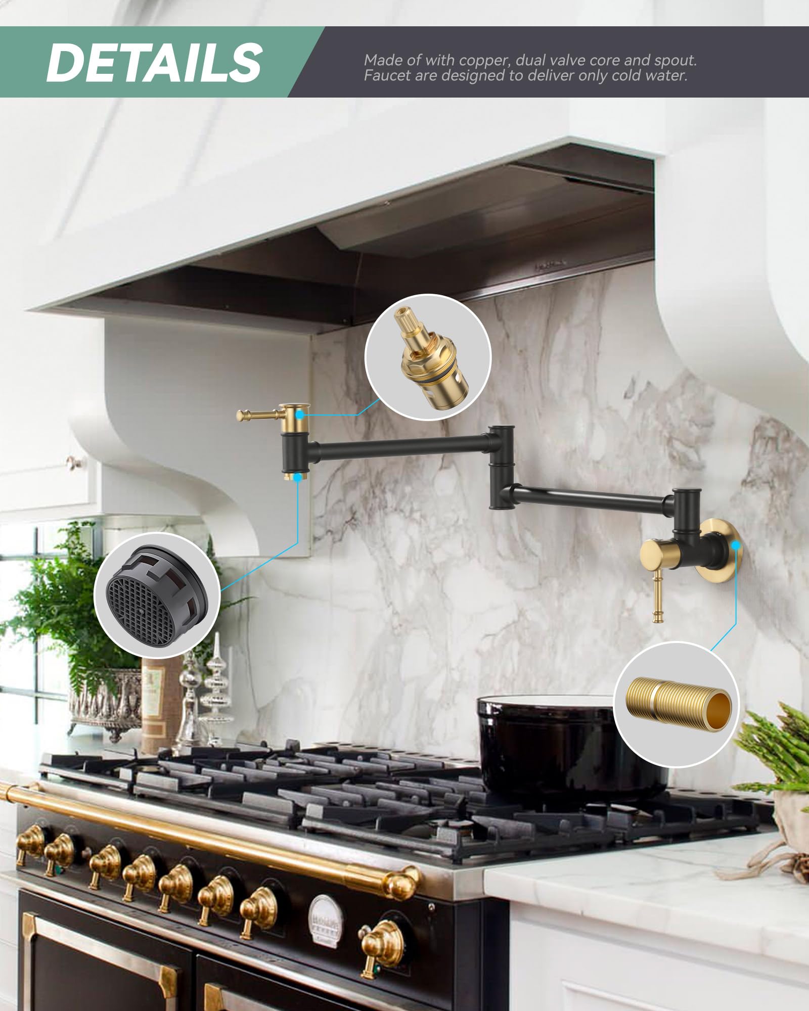 Pot Filler Faucet Black Gold, Wall Mount Stove Faucet For Kitchen Sink, Brass Kitchen Pot Faucet Over Stove, Pot Filler Folding