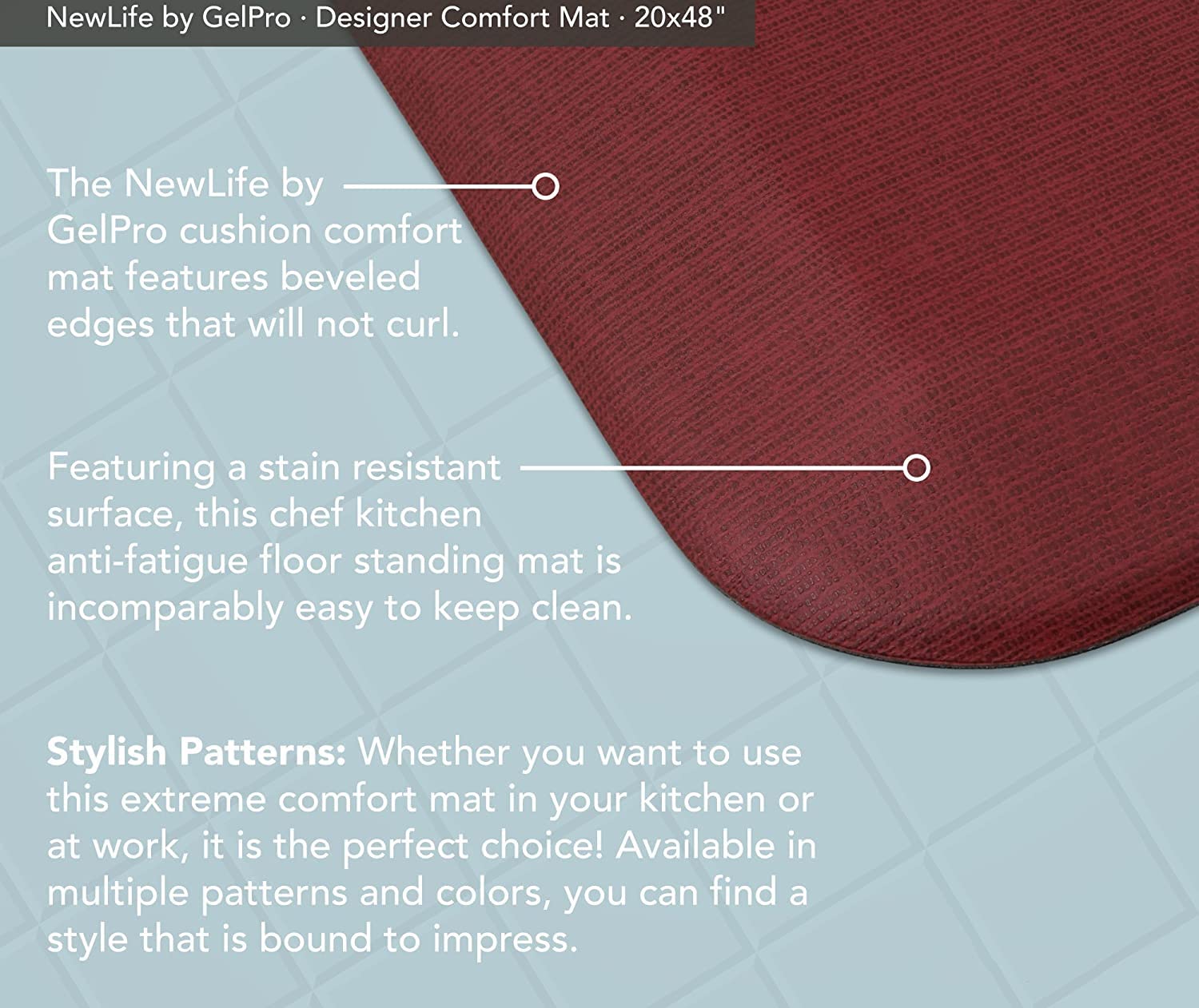 Newlife By Gelpro Anti-Fatigue Designer Comfort Kitchen Floor Mat, 20X48   , Grasscloth Crimson Stain Resistant Surface With 3/4