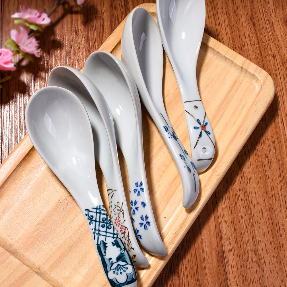 Japanese Style Soup Spoons Set Of 5 Asian Ceramic Ramen Spoons