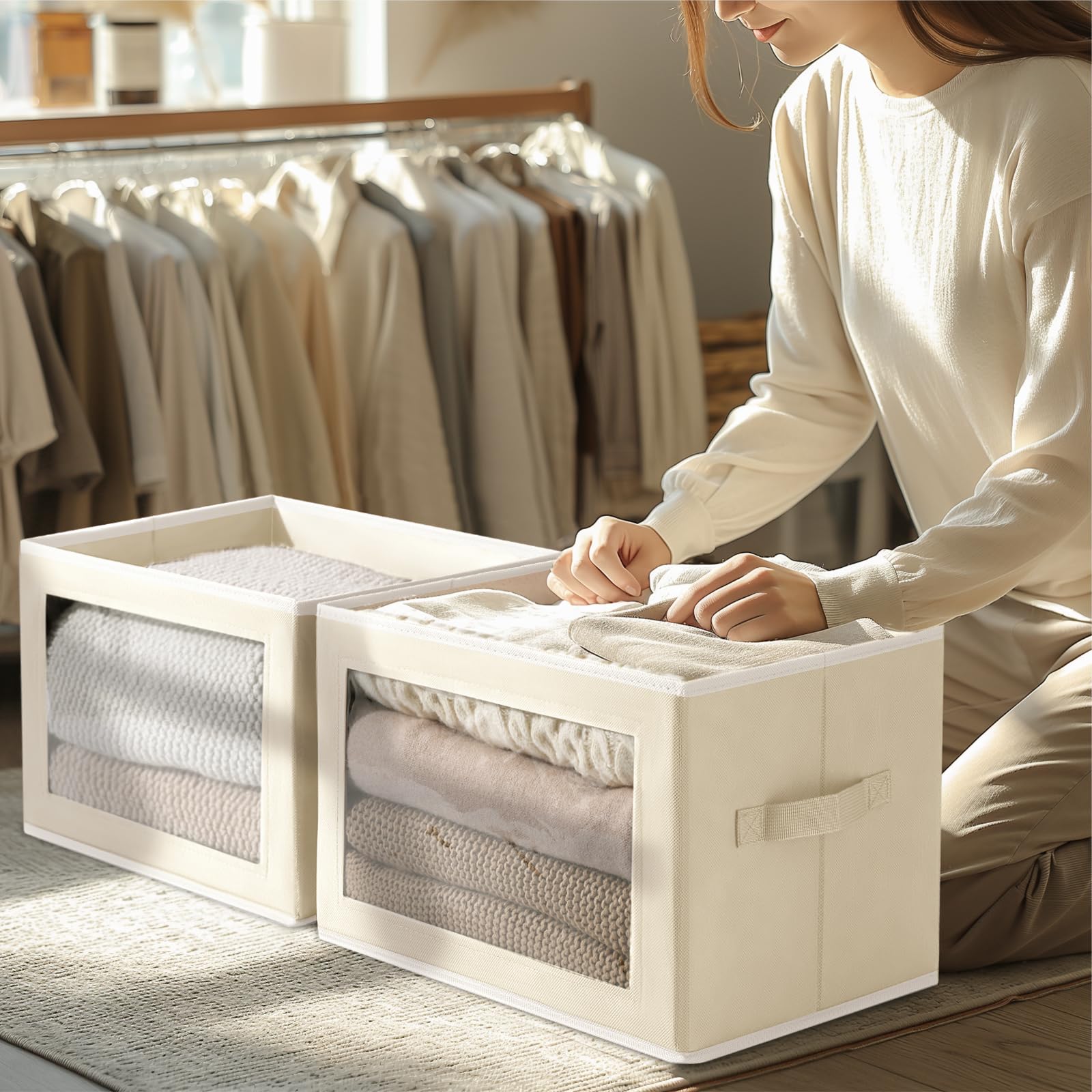 Homsorout Fabric Storage Bins with Lid, Medium 4 Pack, Beige, Stackable Organizer for Clothes, Towels, Books, Model SN131B4