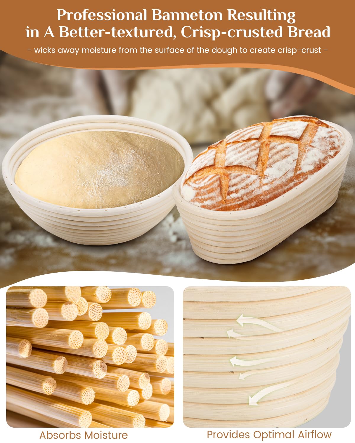 Pitch Pulse Bread Proofing Basket Set, 9 Inch Round + 10 Inch Oval Banneton Bowl, Sourdough Bread Making Tools Kit With Dough Wh