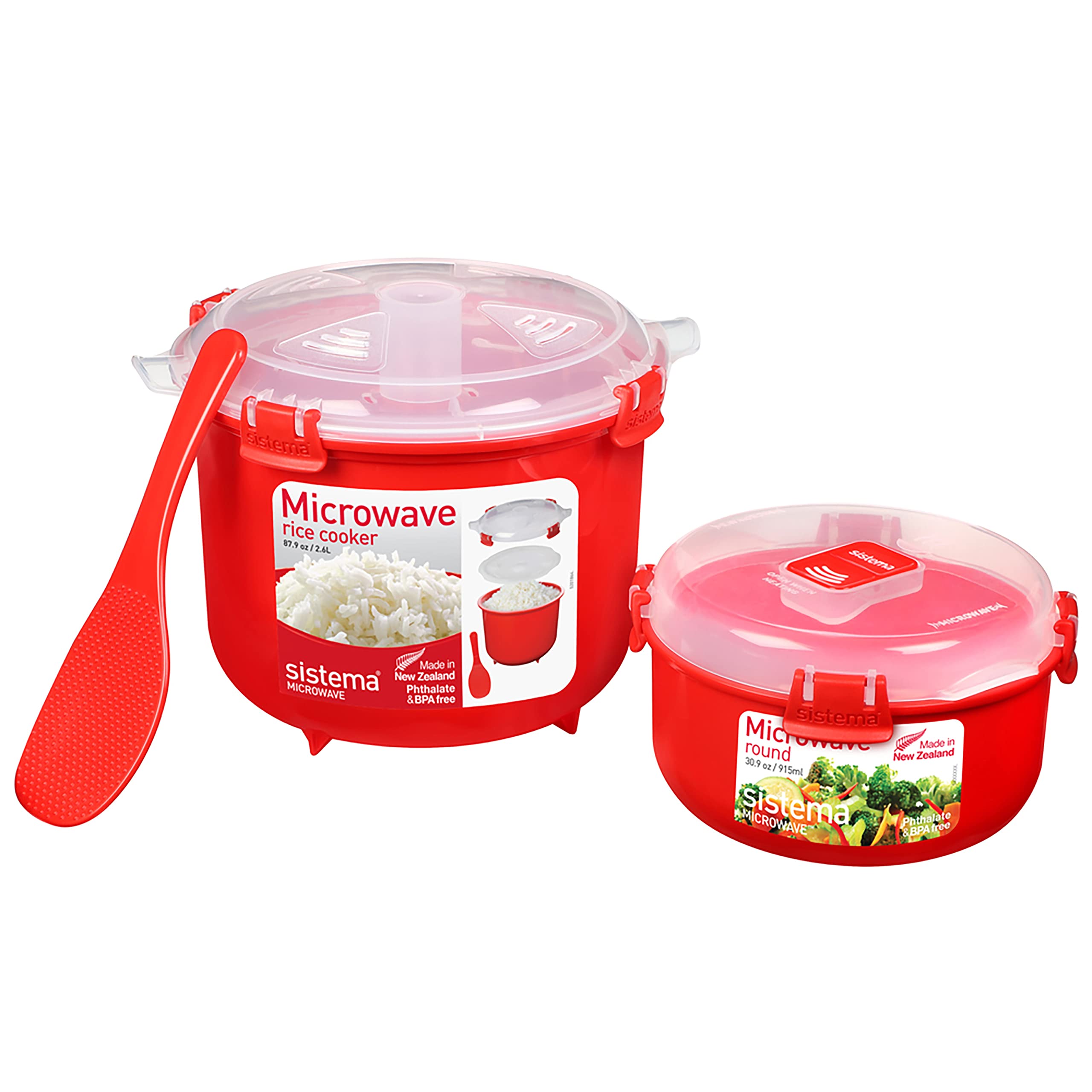 Sistema Microwave Rice Cooker and Steamer Bowl for Vegetables with Steam Release Vent, Dishwasher Safe, Red