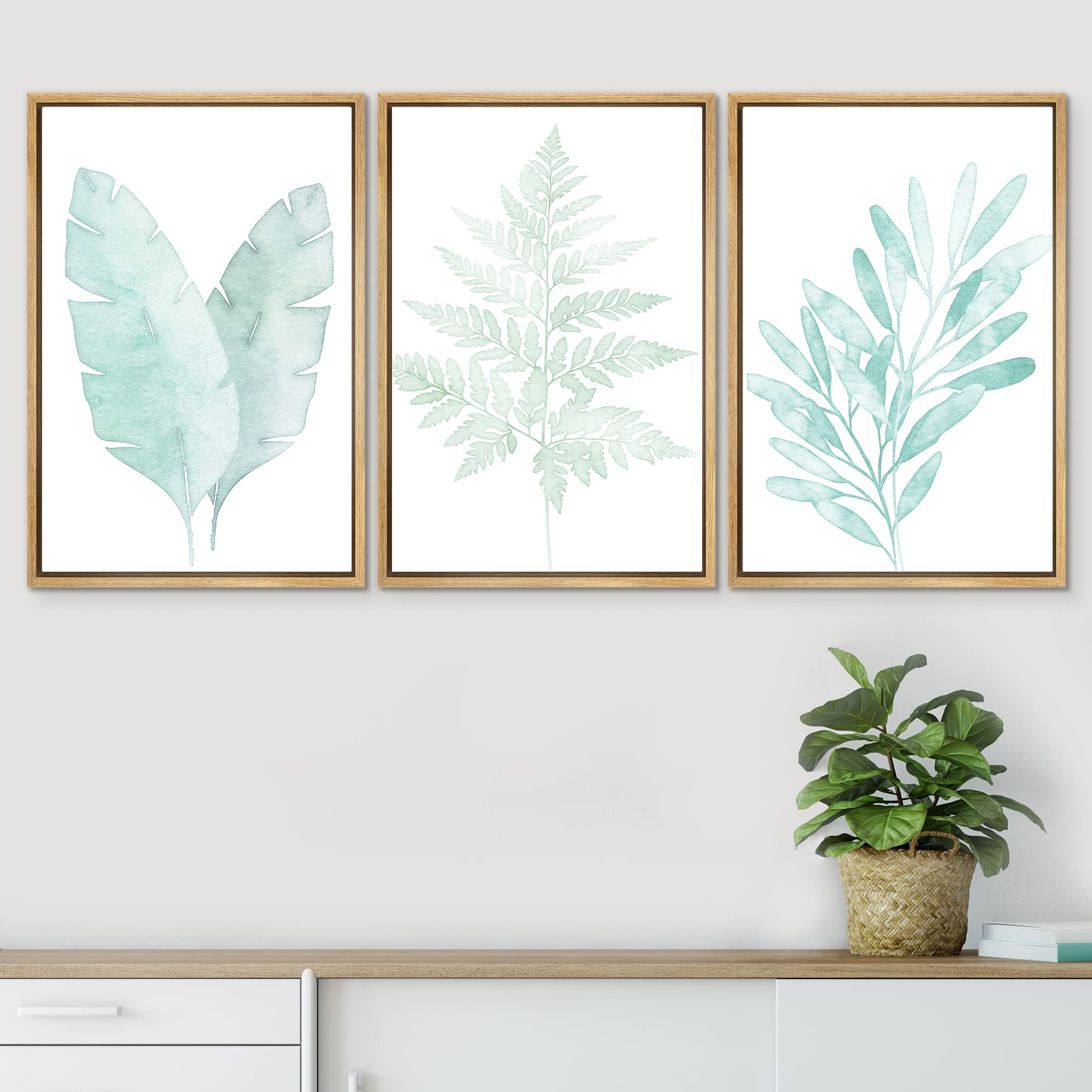 Signwin Framed Canvas Print Wall Art Set Watercolor Green Jungle Plant Collage Nature Floral Illustrations Modern Rustic Scenic