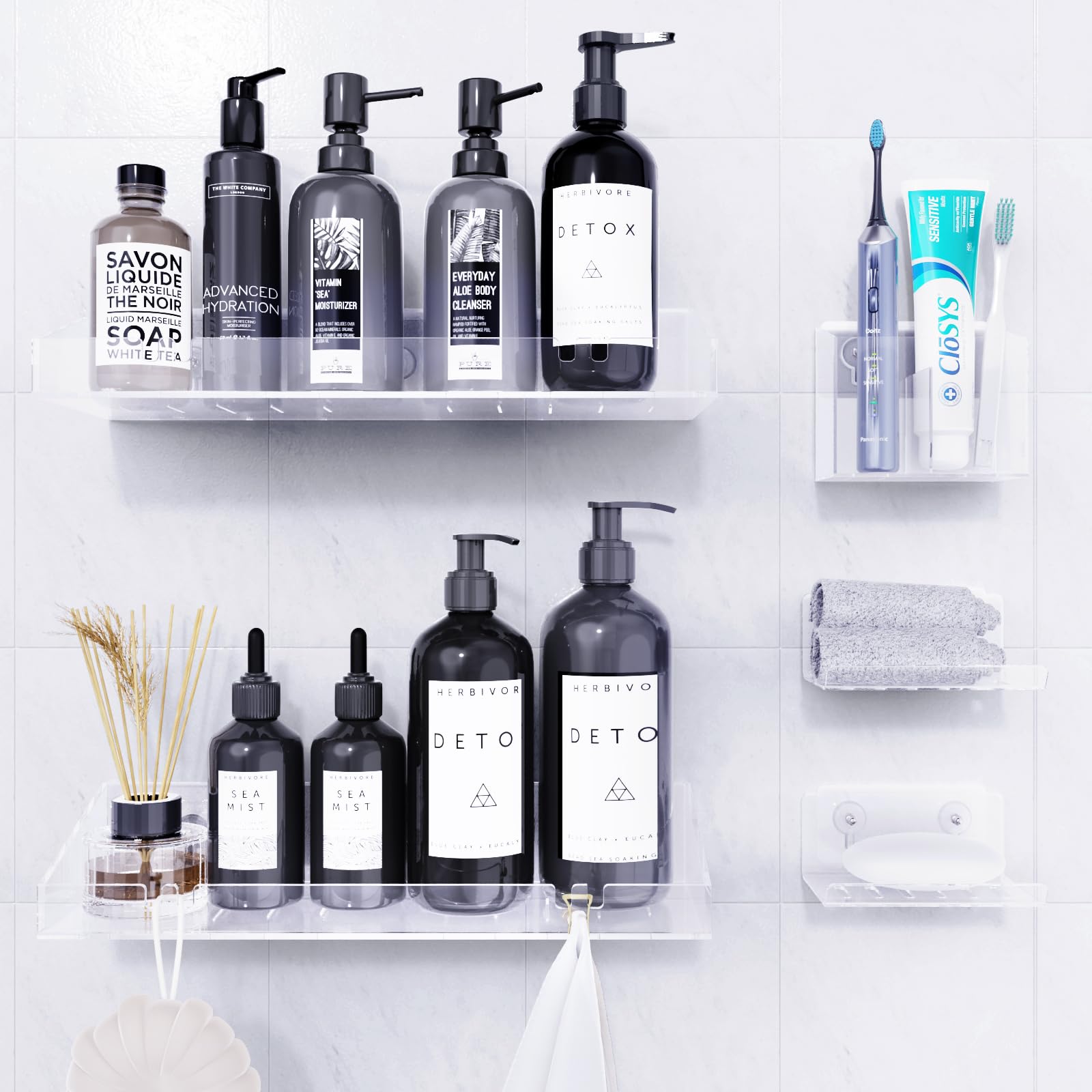 Bakzon Adhesive Shower Caddy, 5 Pack Acrylic Shower Shelves Bath Organizers With Large Capacity, No Drilling Shelves For Bathroo