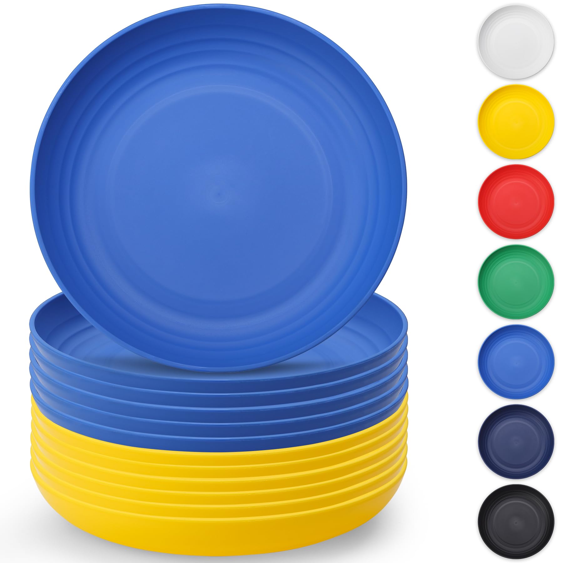 Berglander Plastic Plates Set of 12 Pieces 9, UKR Color Reusable and Sturdy Unbreakable Dinner Plates, Salad Plates, Pasta Bowls