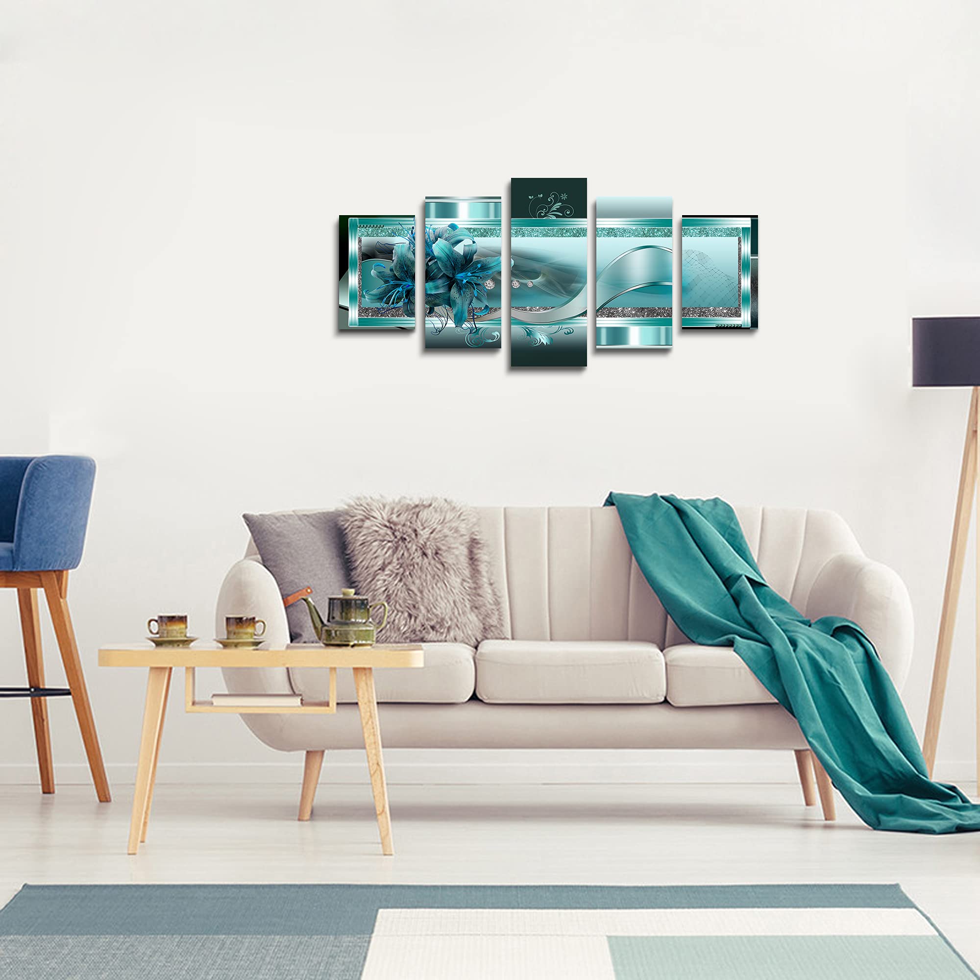 LUDUHU Turquoise Orchid Flowers Canvas Print - Abstract Green Floral Poster  Blue Wall Art Painting Decor for Home Decoration Artwork Picture Bedroom Green Floral (A Oversize 60x30inch)