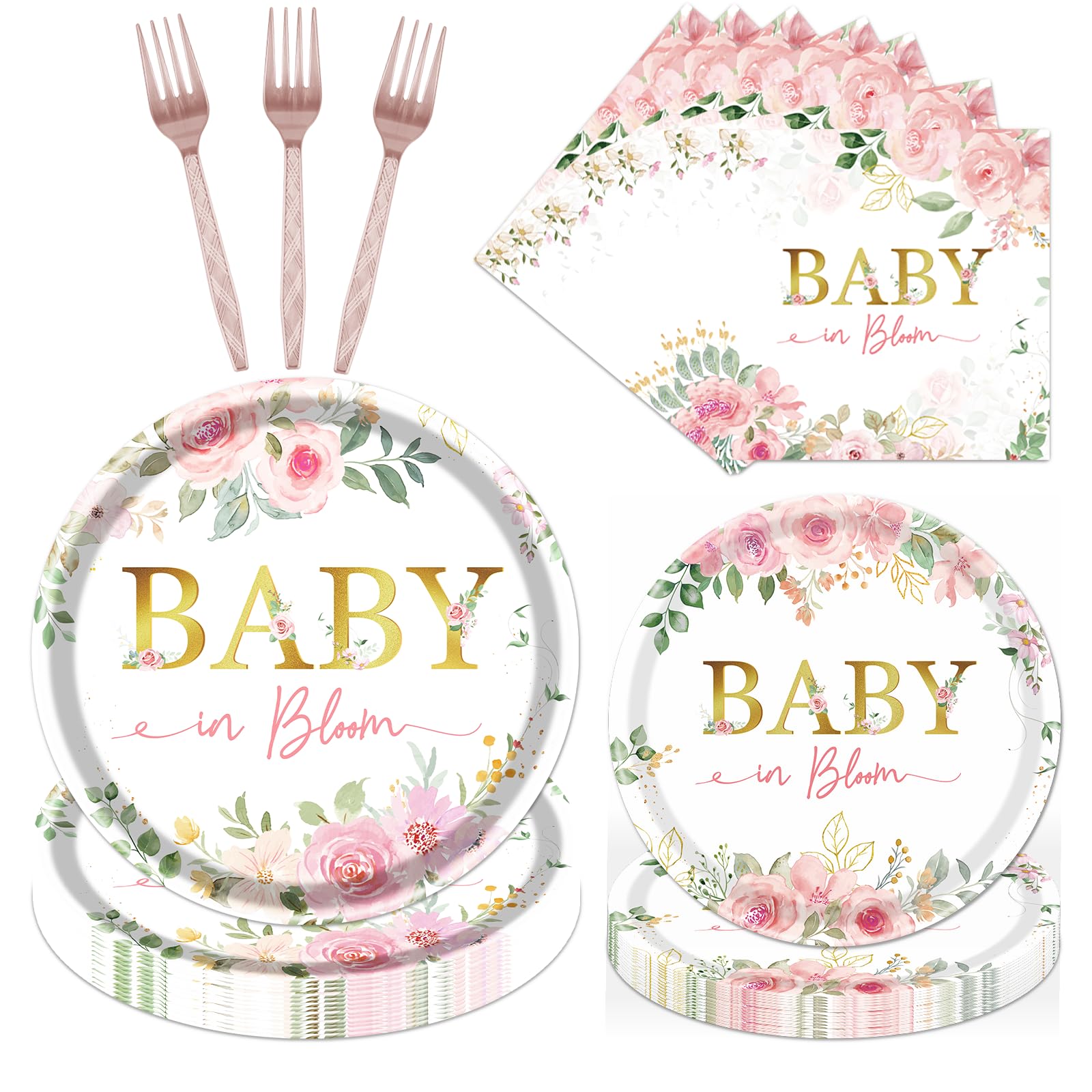 Refavor Baby in Bloom Baby Shower Decorations, 96PCS Spring Floral Party Plates Napkins and Forks Set Supplies, Flower Disposabl