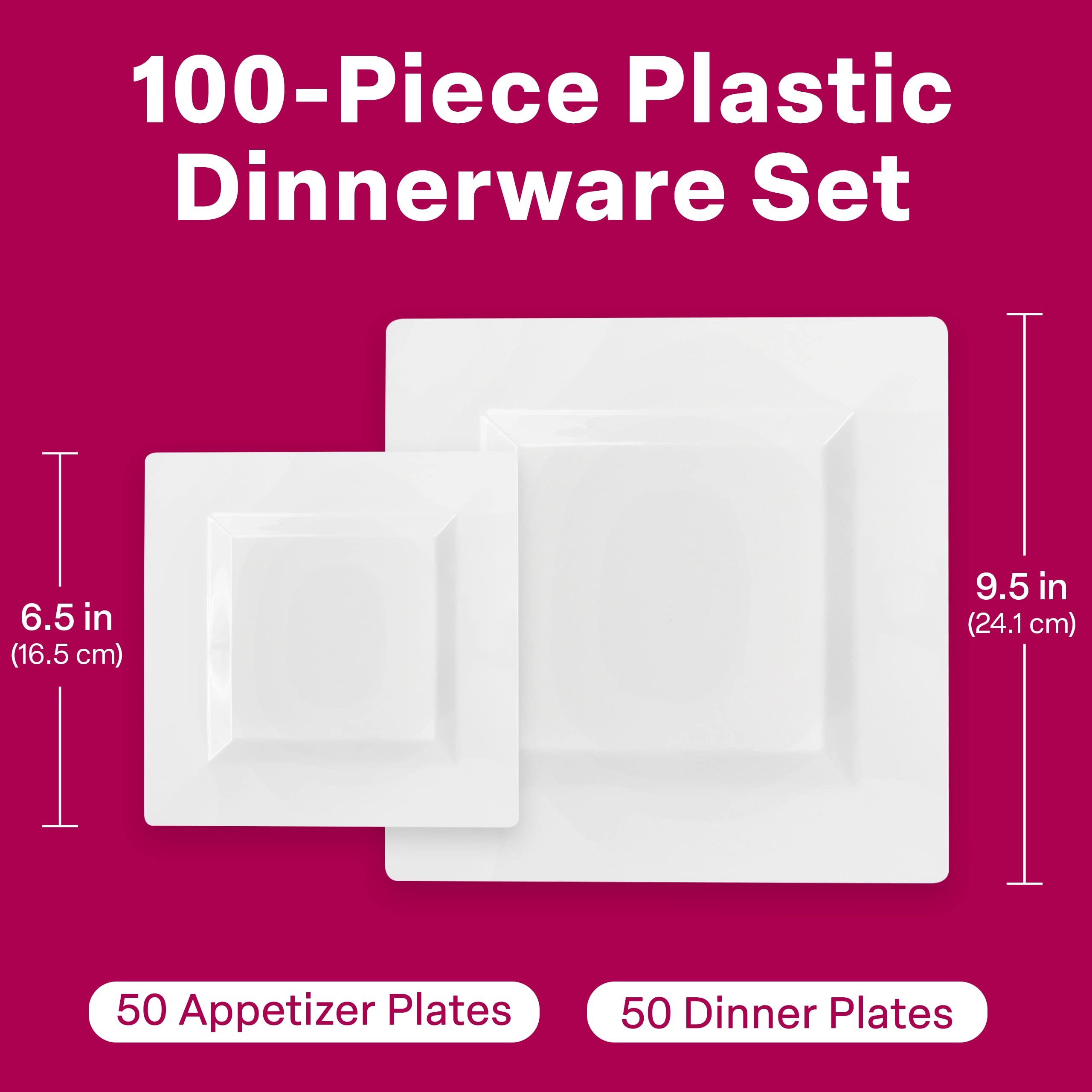 Aya'S Cutlery Kingdom 100 Square Plastic Plates - Heavy Duty Disposable Plates - Includes 50 Dinner Plates (10-Inch) And 50 Sala