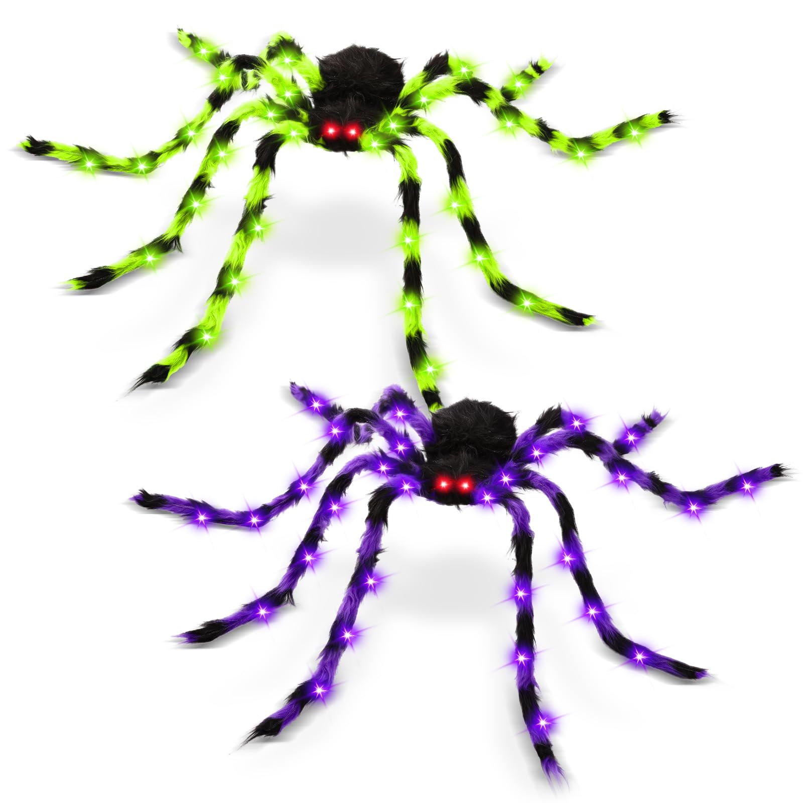 2 Pack 50 Halloween Light Up Spiders, Giant Hairy Spider Decorations with Green and Purple LED Lights Scary Indoor Outdoor Hallo