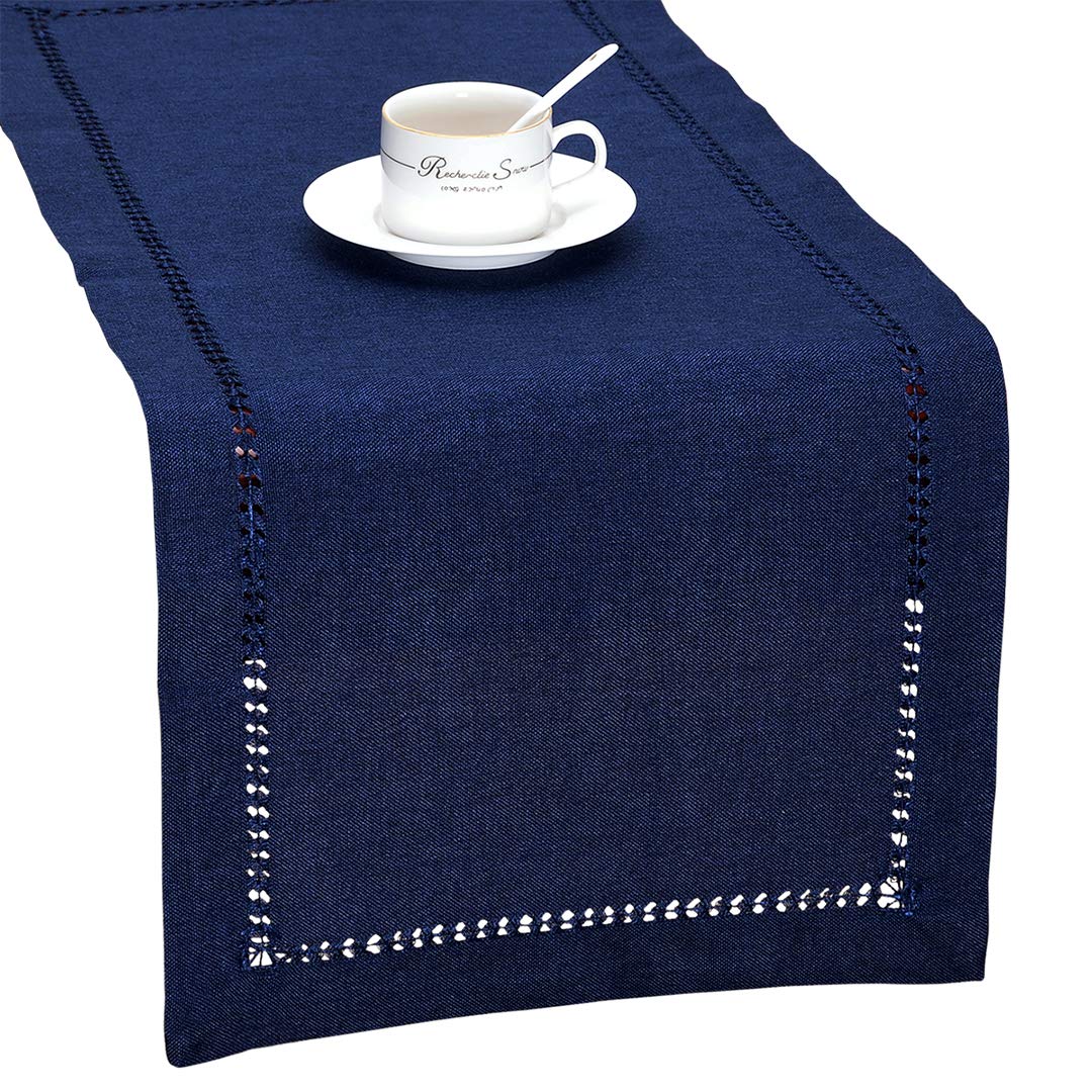 Grelucgo Handmade Hemstitch Solid Navy Blue Nautical Rectangular Table Runner Or Dresser Scarf (14 X 108 Inch)