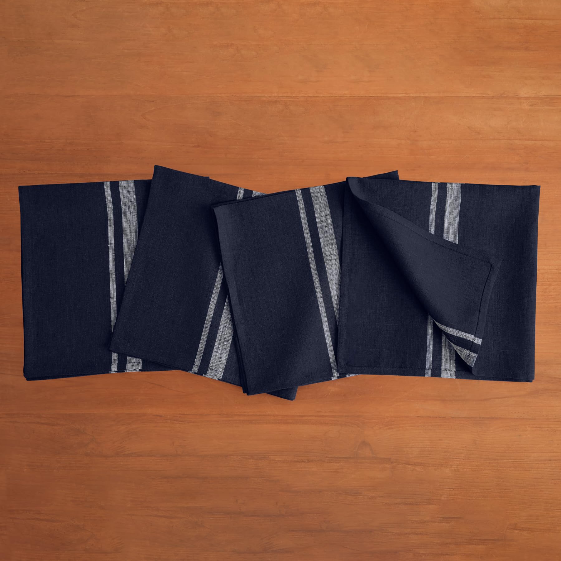 Solino Home Stripe Linen Dinner Napkins 20 X 20 Inch - 100% Pure Linen White And Navy Cloth Napkins Set Of 4 For Spring - French
