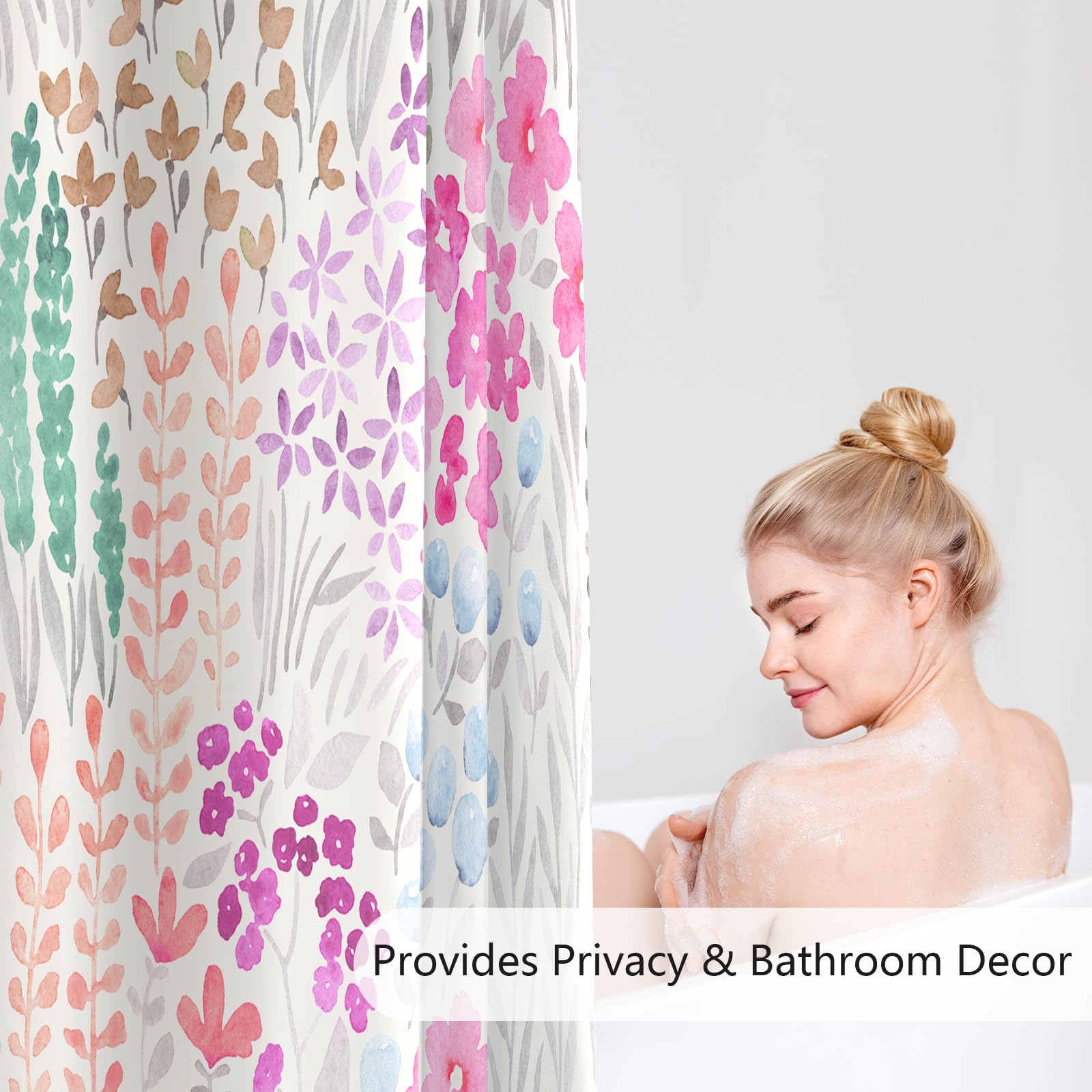 Mayzus Hot Pink Floral Shower Curtain, Cute Boho Flower Fabric Shower Curtain, Funky Watercolor Wildflower Shower Curtain Set, C