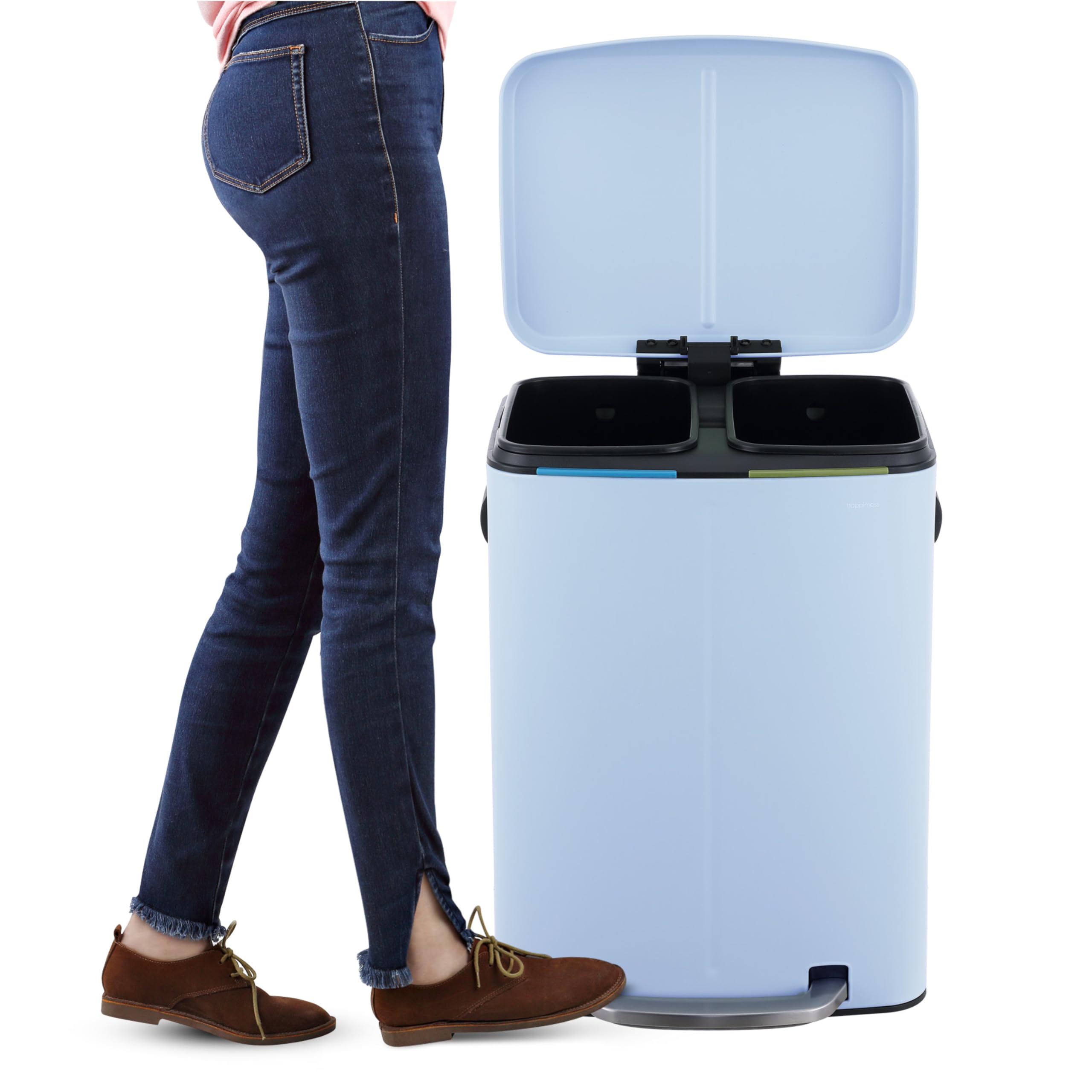 Happimess Hpm1005H Marco Rectangular 10.6-Gallon Double Bucket Trash Can With Soft-Close Lid, Tide Pool Blue, Fingerprint Resist