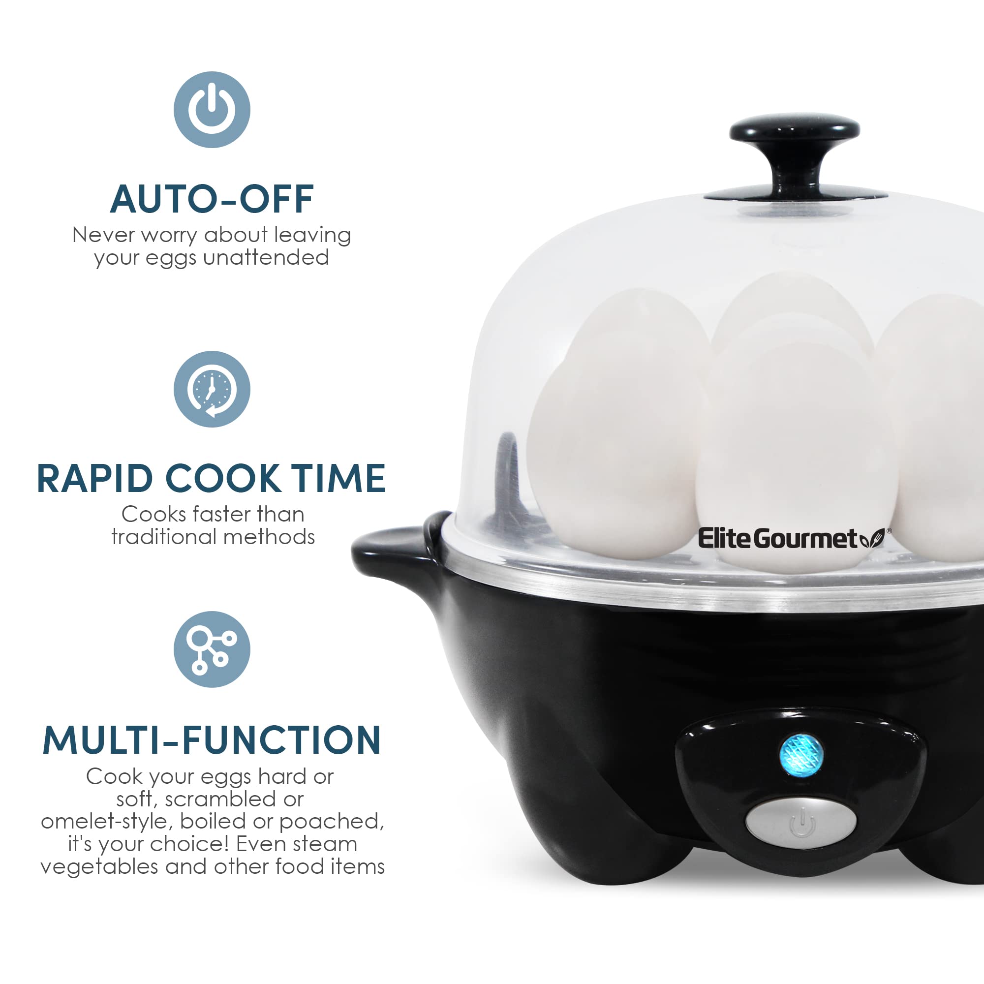 Elite Gourmet Rapid Egg Cooker, 7 Egg Capacity, Stainless Steel, Black, EGC-007B# - Hard, Medium, Soft Boiled, Poacher, Omelet Maker
