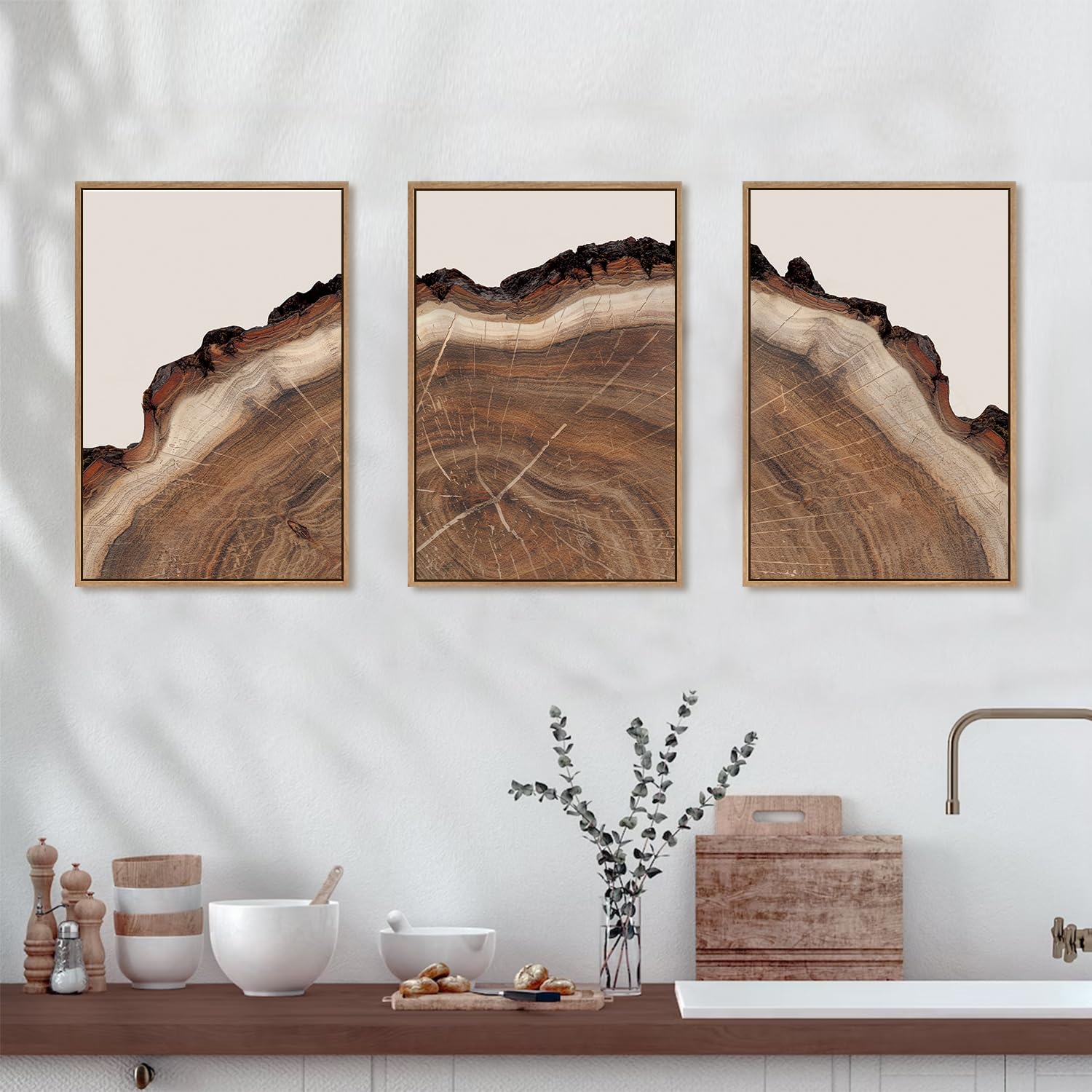 Hpinub Tree Rings Wood Wall Art Framed Set, Modern Beige Wood Stump Wall Decor, Abstract Tree Spiral Wall Painting,Nature-Inspir