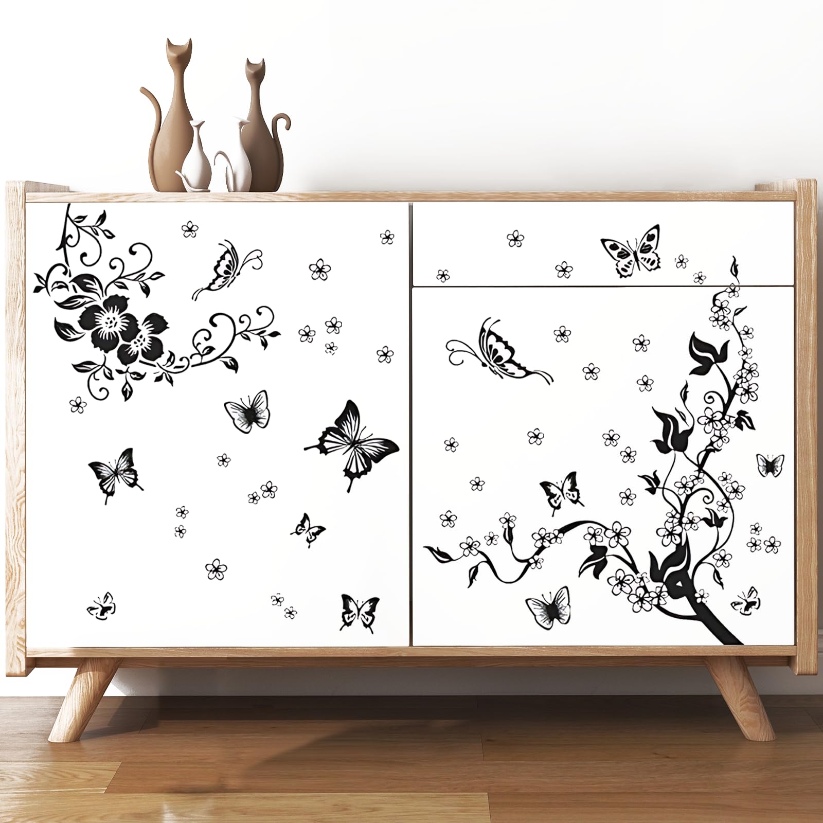 Supzone Flowers Vine Wall Decals Black Flowers Wall Stickers Butterfly Wall Decor Removable Vinyl Wall Art Stickers for Bedroom Living Room Office Sofa Backdrop TV Wall Home Decoration