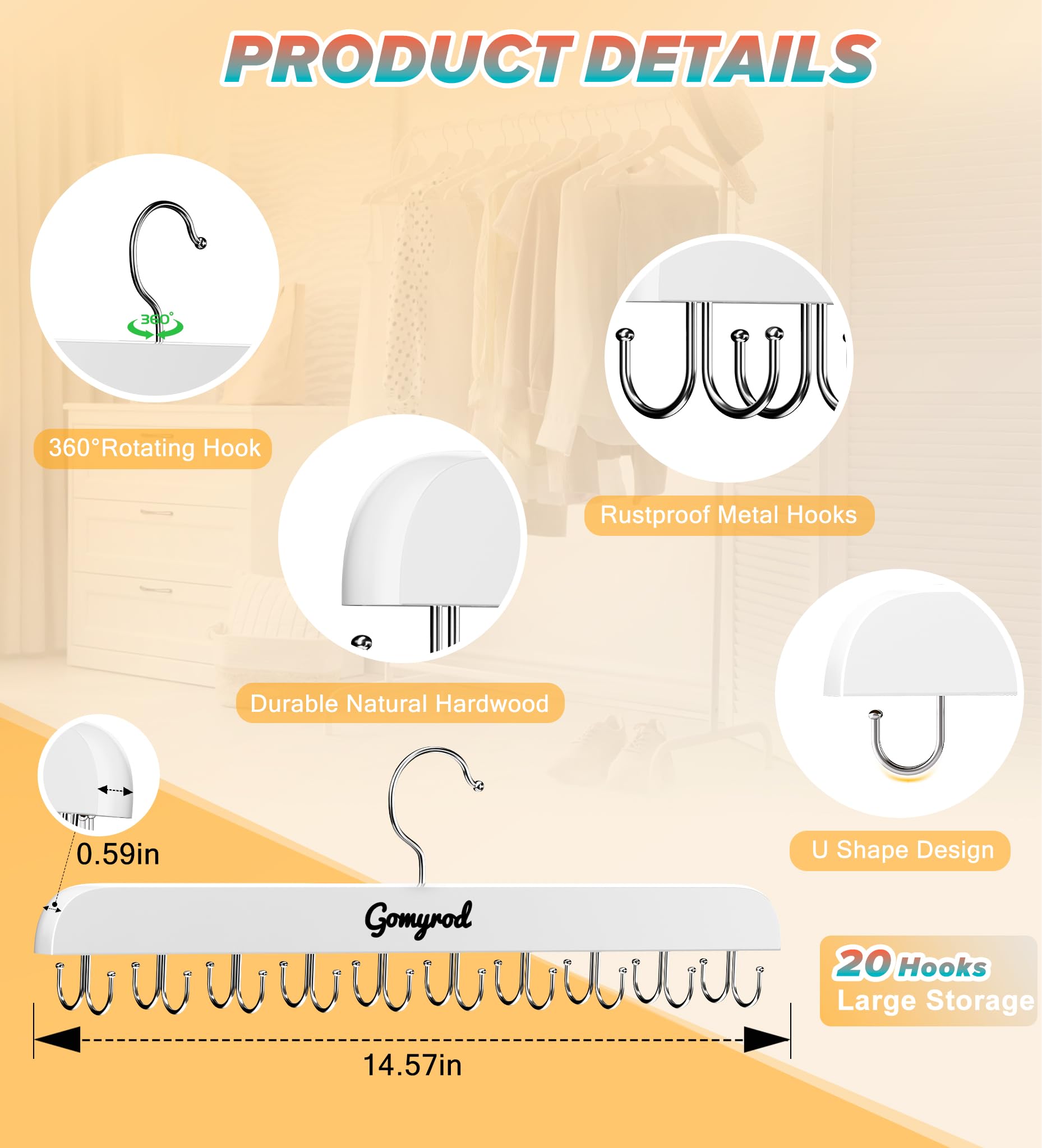 Bra Hanger For Closet, 1 Pack Tank Top Hanger W/20 Hooks Capacity Foldable Wood Space Saving Hangers, 360Rotating Closet Organiz