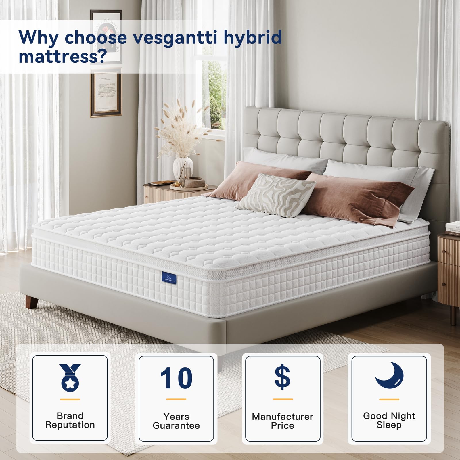 Vesgantti 12 Inch Multilayer Hybrid Twin XL Mattress - Multiple Sizes & Styles Available  Ergonomic Design with Memory Foam and Pocket Spring  Medium Firm Feel  White