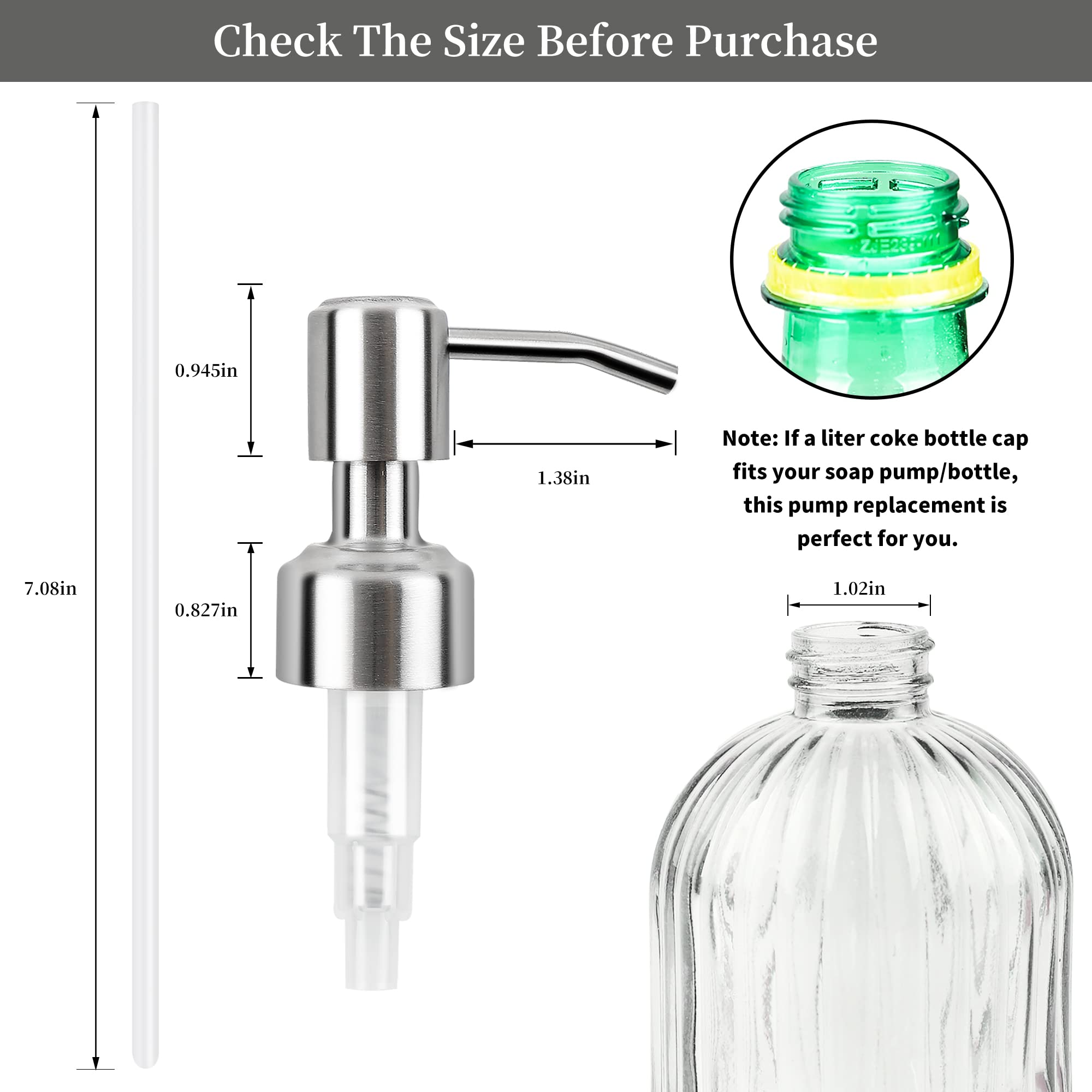 6 Pack Soap Dispenser Pump Replacement, 304 Rust Proof Stainless Steel Soap Dispenser Lids For Regular 28/400 Neck Bottles, Soap