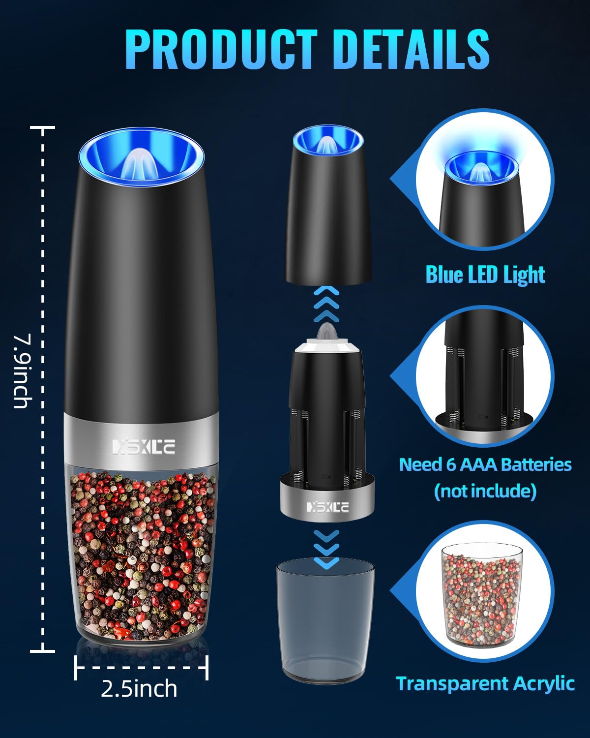 XinXu Gravity Electric Pepper and Salt Grinder Set, Adjustable Coarseness, Battery Powered with LED Light, One Hand Automatic Op