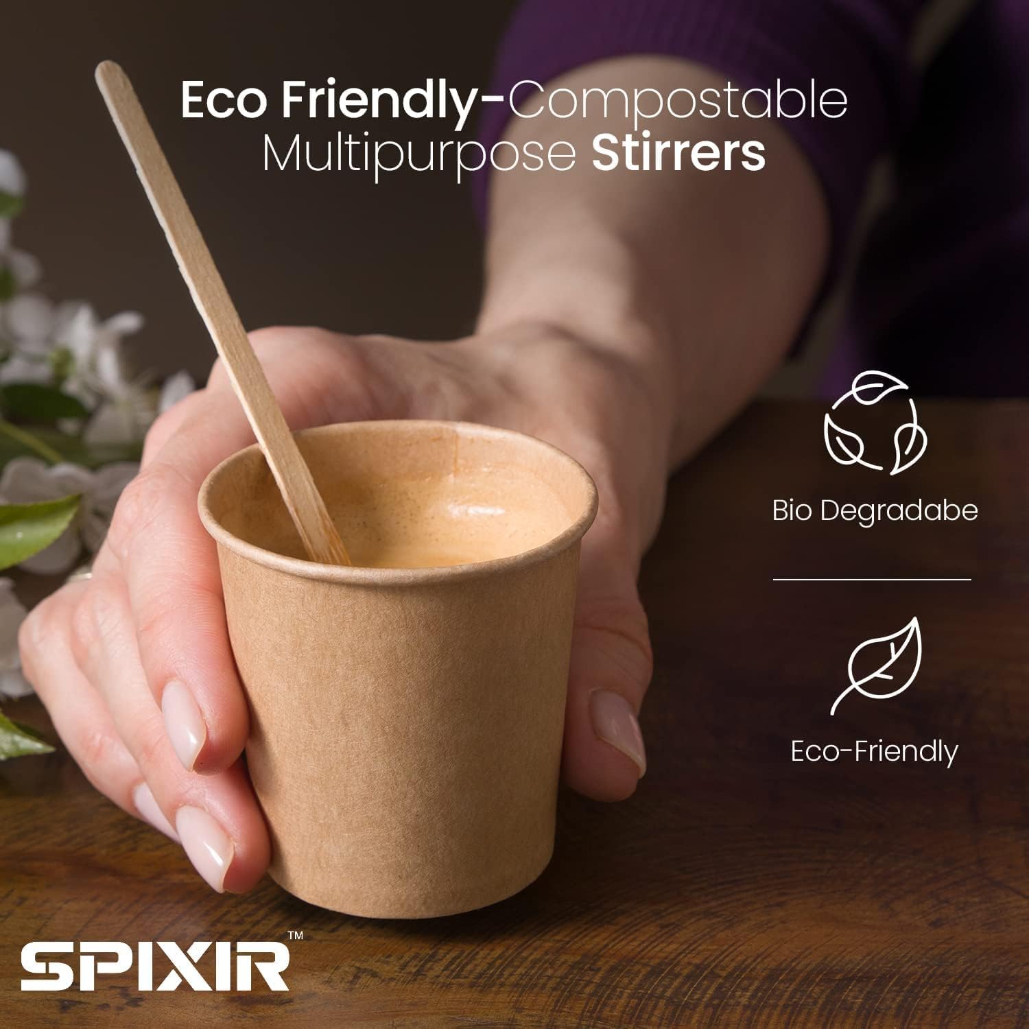 Spixir Coffee Stirrers Disposable Wooden Coffee Stir Sticks - Biodegradable Eco-Friendly Round-End Birchwood 7 Inches Large Wood