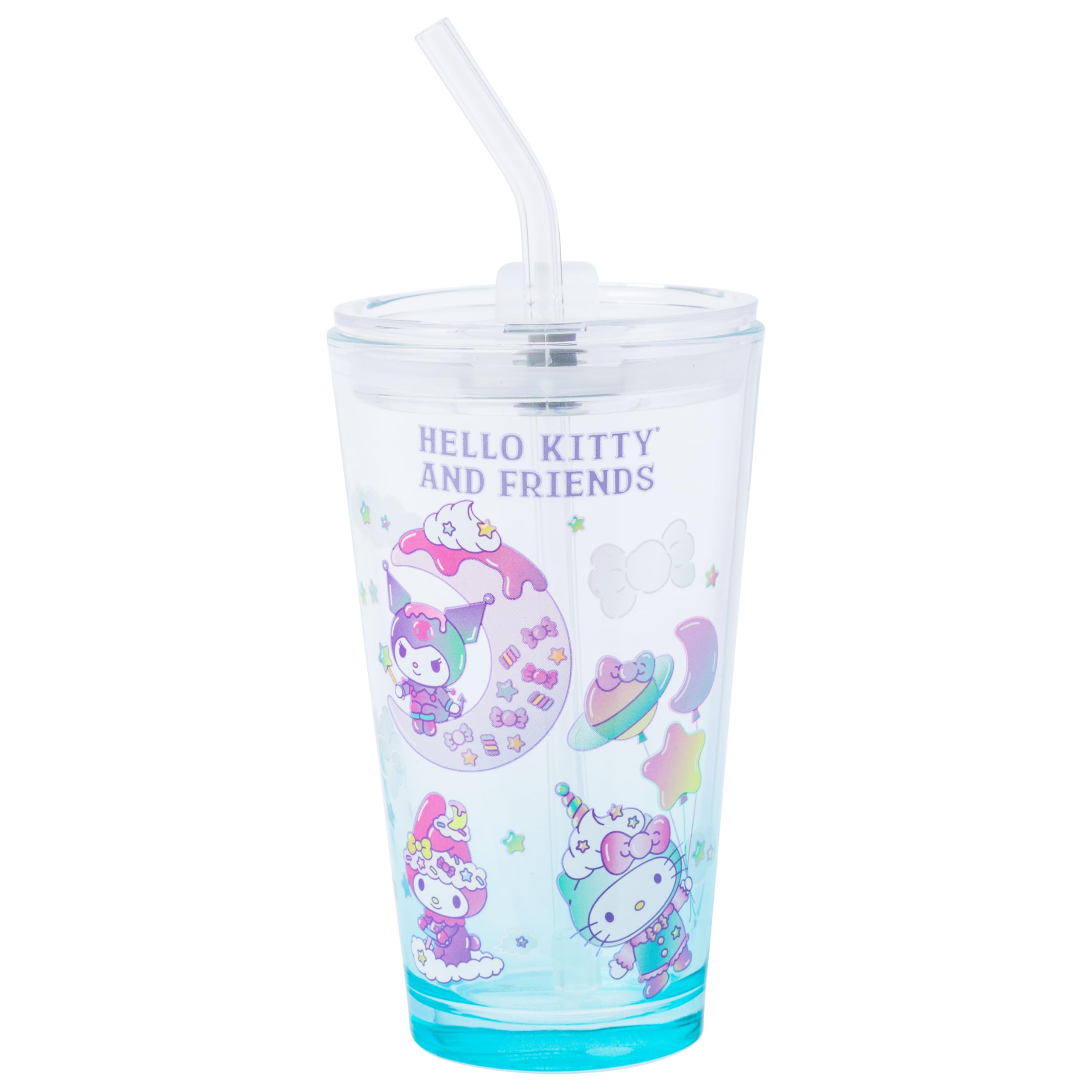Silver Buffalo Sanrio Hello Kitty and Friends Featuring Kuromi and My Melody Whimsical Candy Pint Glass with Lid and Glass Straw